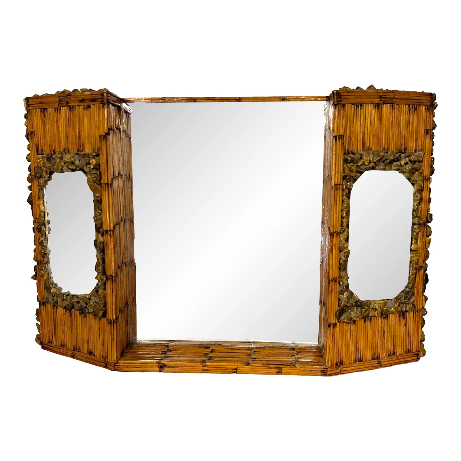 Rare One of a Kind Handmade Folk Tramp Art Matchsticks and Stones Dresser, Mantle Top Triple Mirror: Vintage one of a kind folk tramp art tabletop, dresser, mantle triple mirror. Handmade of matchsticks and embellished with small stones having a clear finish. Measures 20" w x 9" d x 14" h. Great addi