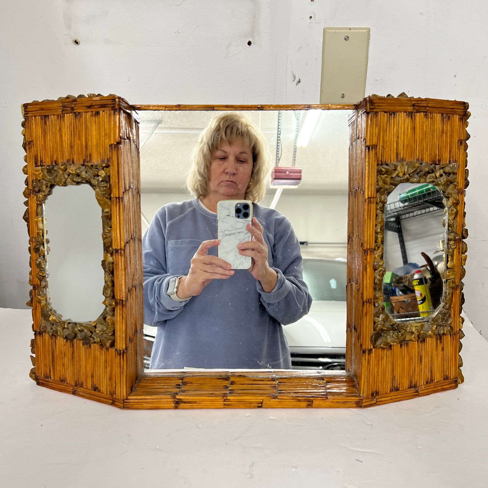 Rare One of a Kind Handmade Folk Tramp Art Matchsticks and Stones Dresser, Mantle Top Triple Mirror - 2