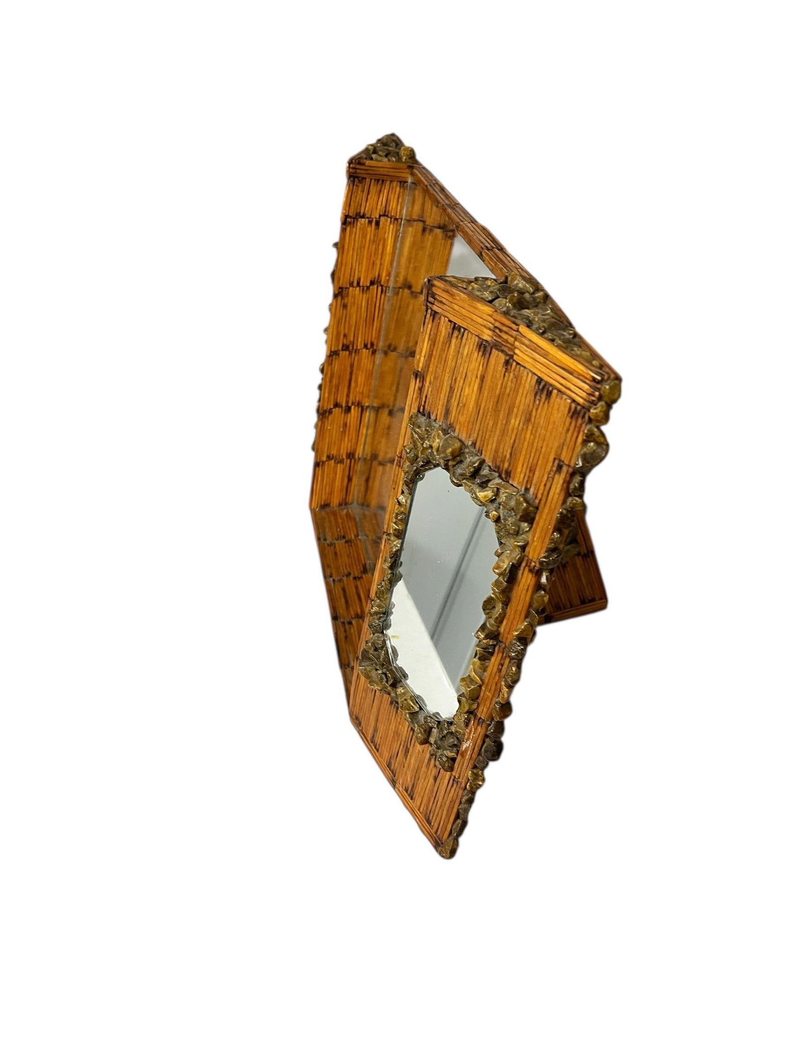 Rare One of a Kind Handmade Folk Tramp Art Matchsticks and Stones Dresser, Mantle Top Triple Mirror - 3