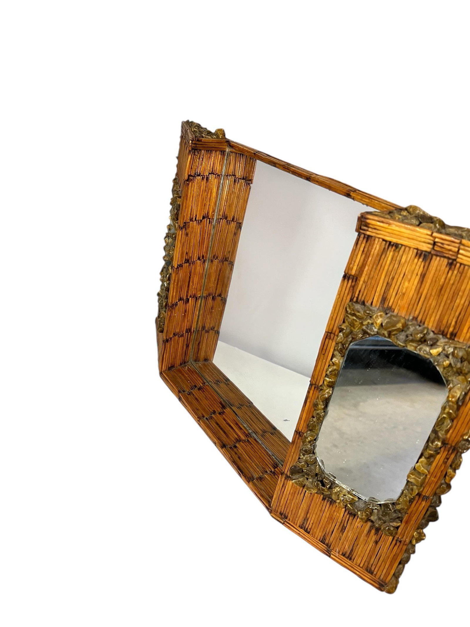 Rare One of a Kind Handmade Folk Tramp Art Matchsticks and Stones Dresser, Mantle Top Triple Mirror - 5