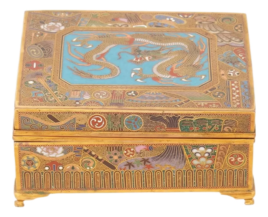 Fine Meiji Period Japanese Cloisonne Enamel Box With Dragon Trinket Box: A finely executed Japanese cloisonné enamel box dating to the Meiji period, executed entirely with gilt wire cloisons. The lid is centered with a dynamic coiled dragon set against a turquoise ena
