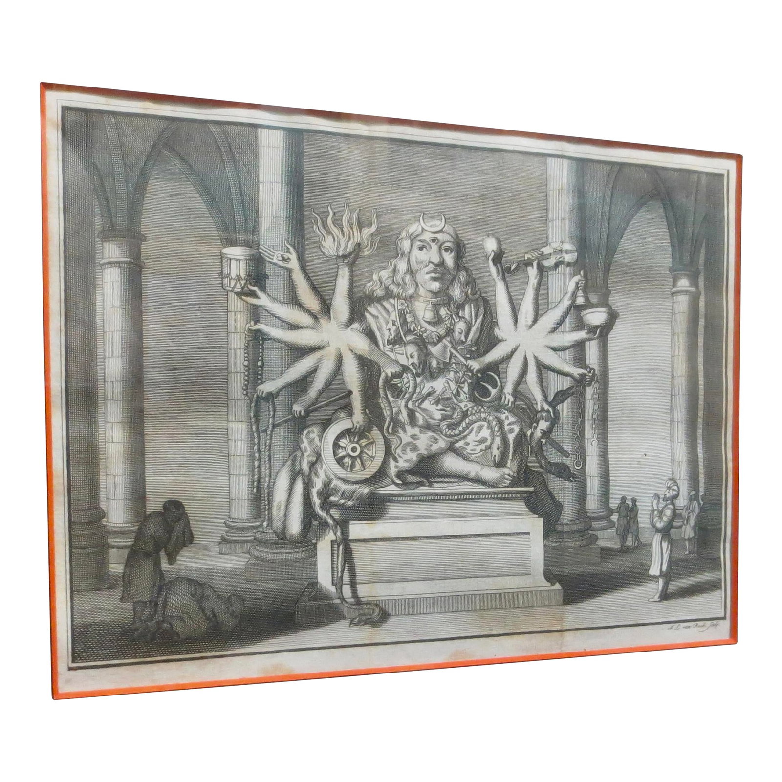 18th Century Engraving of Hindu: Engraving book illustration of the Indian temple and the figure inside. Illustrated by the imagination of the written description of travelers, with only the material the Western world could design