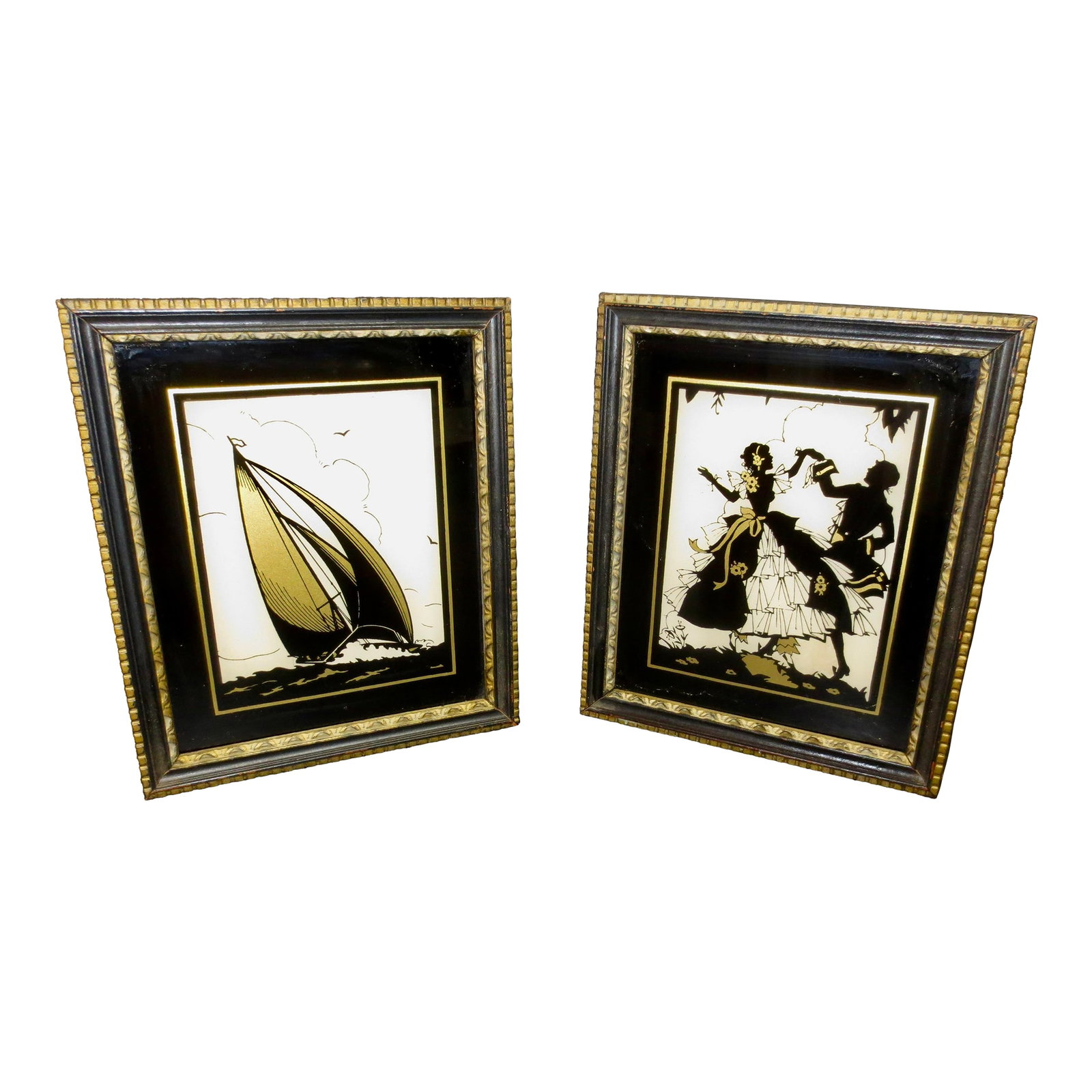 Pair of 2 Antique Reverse Glass Enamel and Gold Silhouette- Pair of 2 (1 of 7)