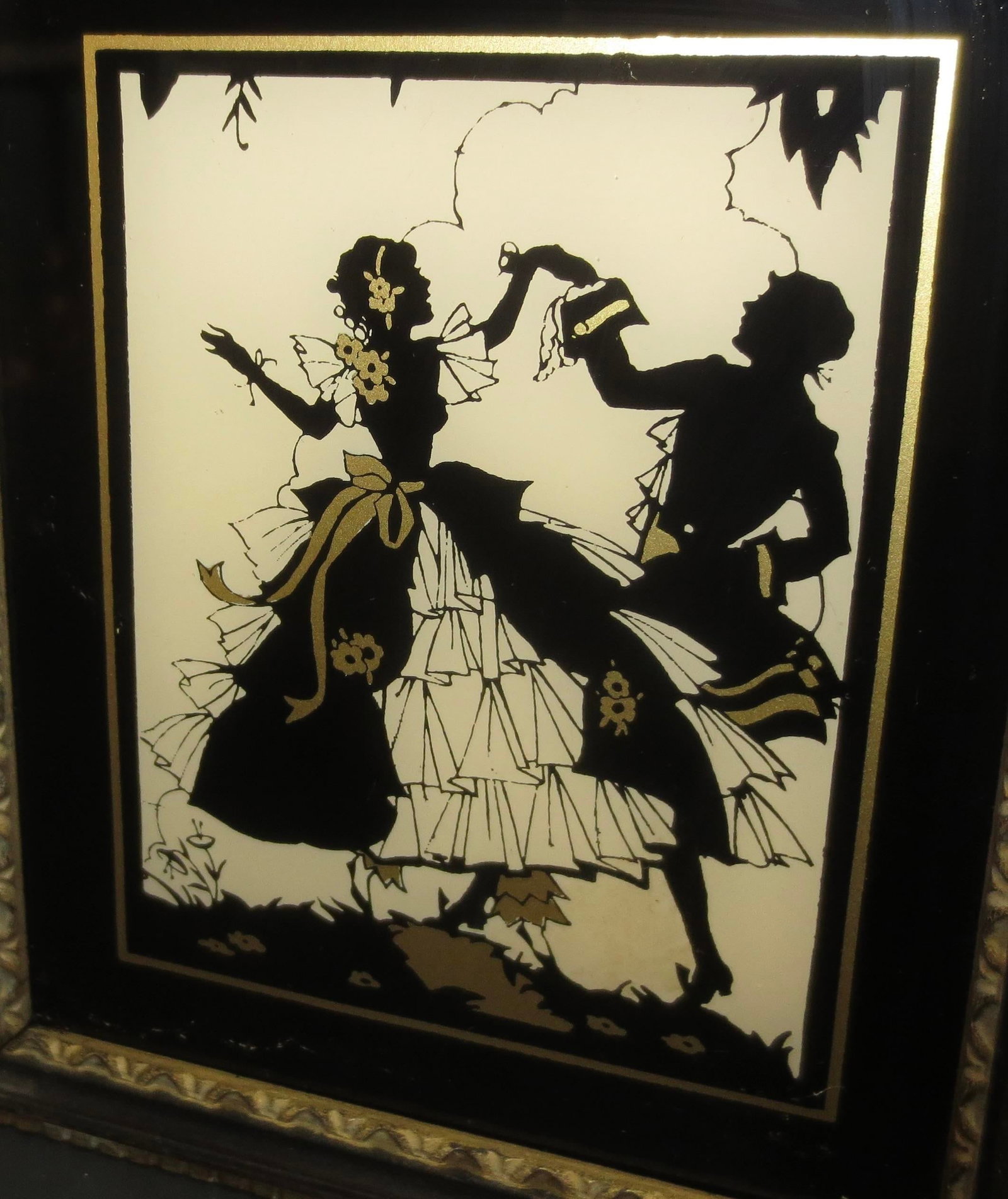 Pair of 2 Antique Reverse Glass Enamel and Gold Silhouette- Pair of 2 - 2