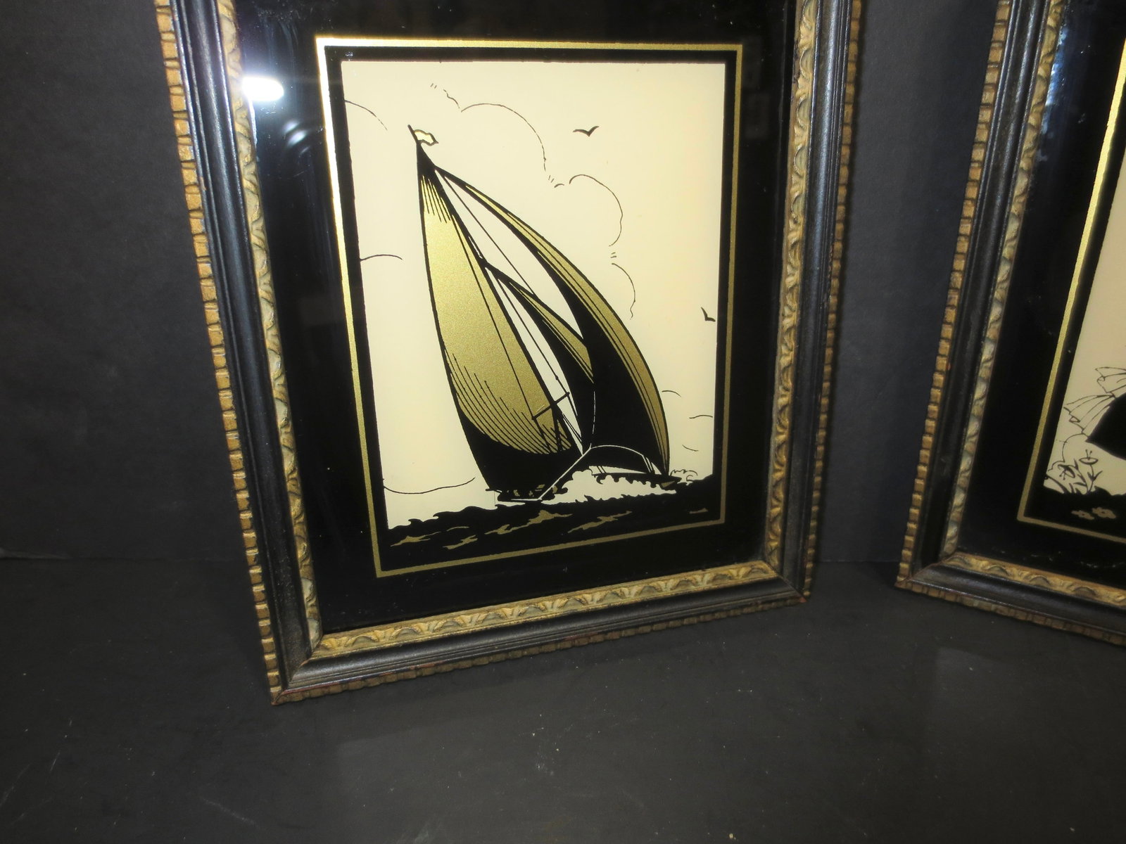 Pair of 2 Antique Reverse Glass Enamel and Gold Silhouette- Pair of 2 - 3