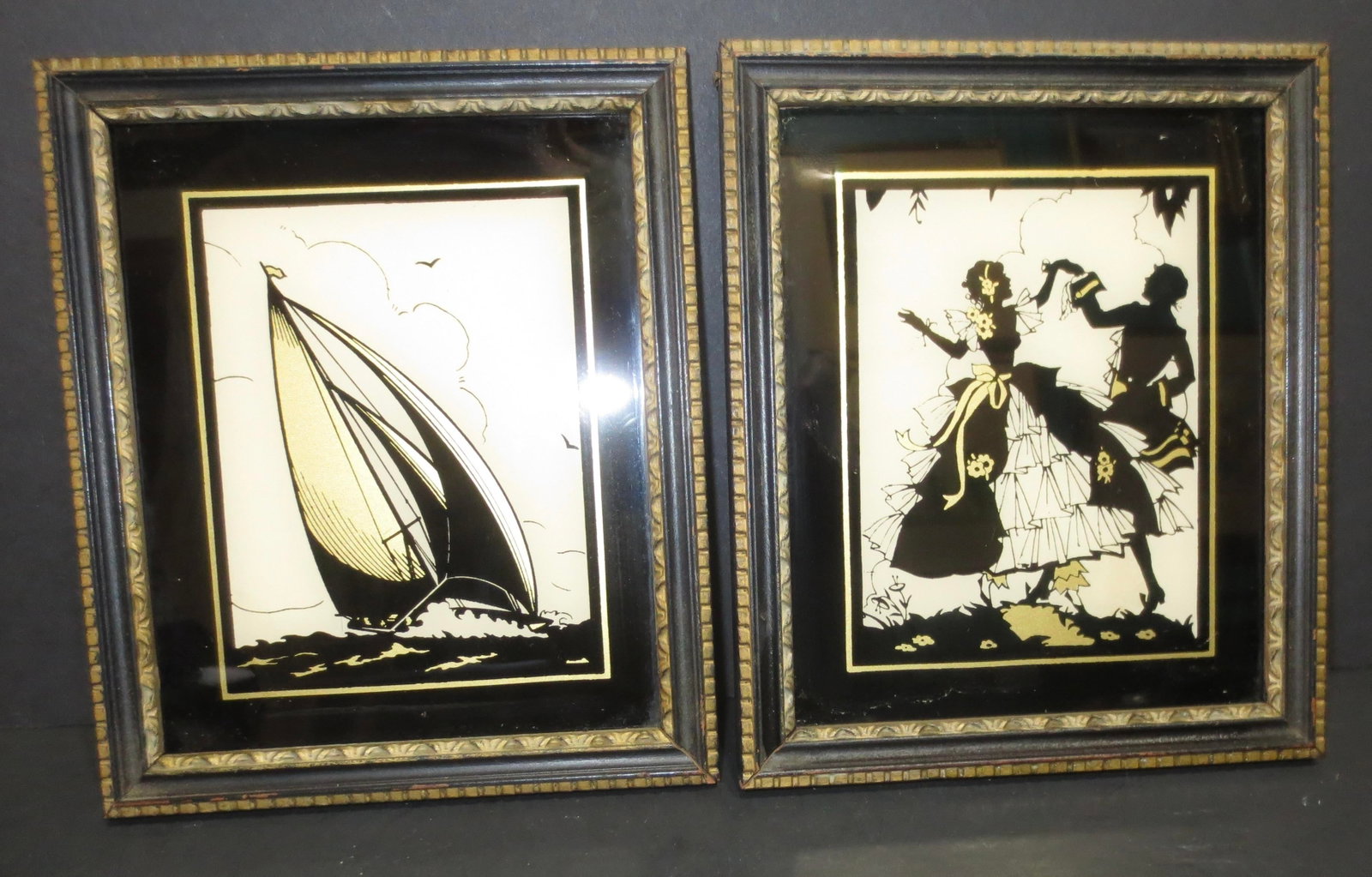 Pair of 2 Antique Reverse Glass Enamel and Gold Silhouette- Pair of 2 - 4