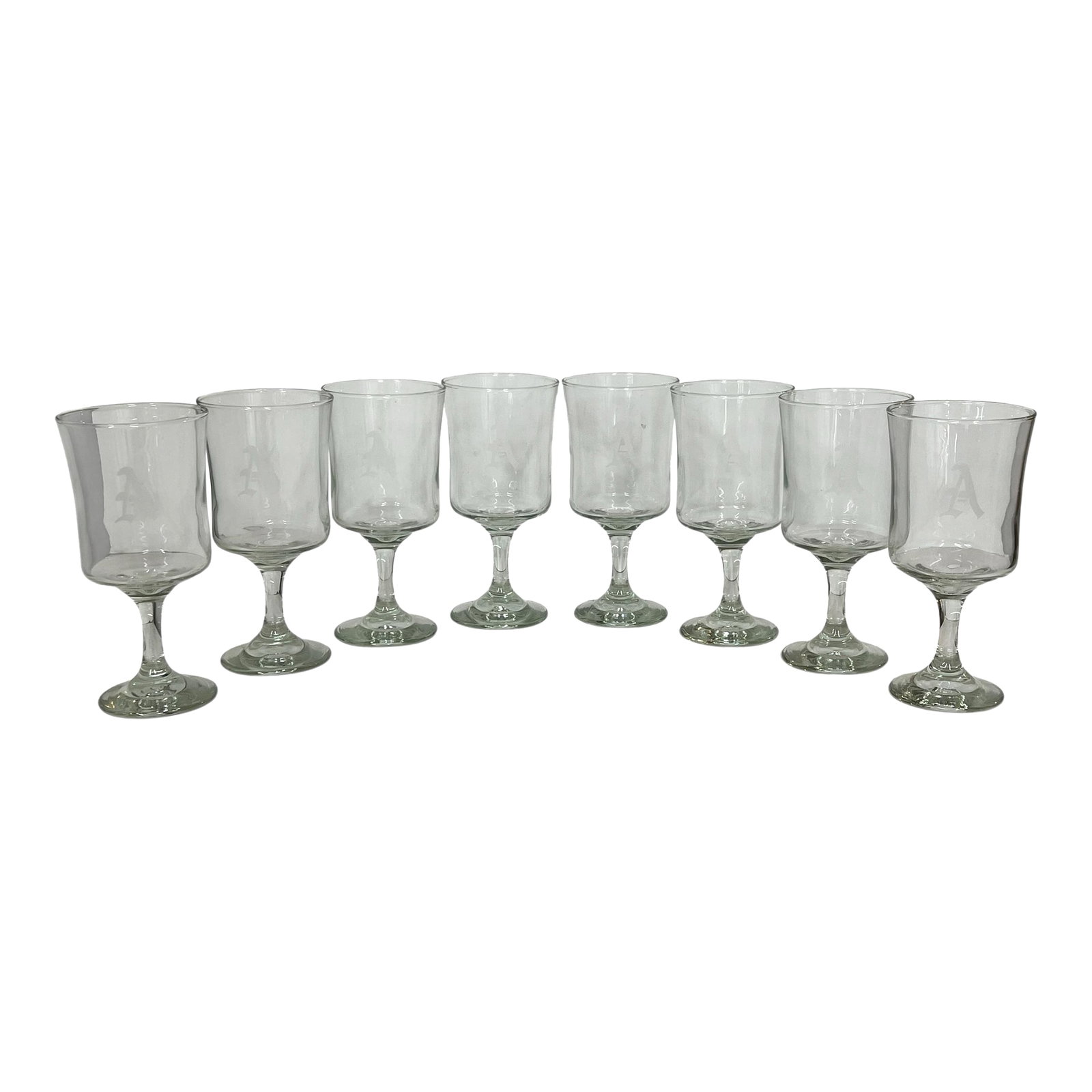 Vintage Mid Century Etched Monogram "A" Goblet - Set of 8: Set of 8 Vintage mid century monogrammed etched "A" goblet. Glass is wavy and appears to be blown. Each measures 3.25" dieter x 7" h. Goblet portion is 4" h. . No chips or cracks. Condition: