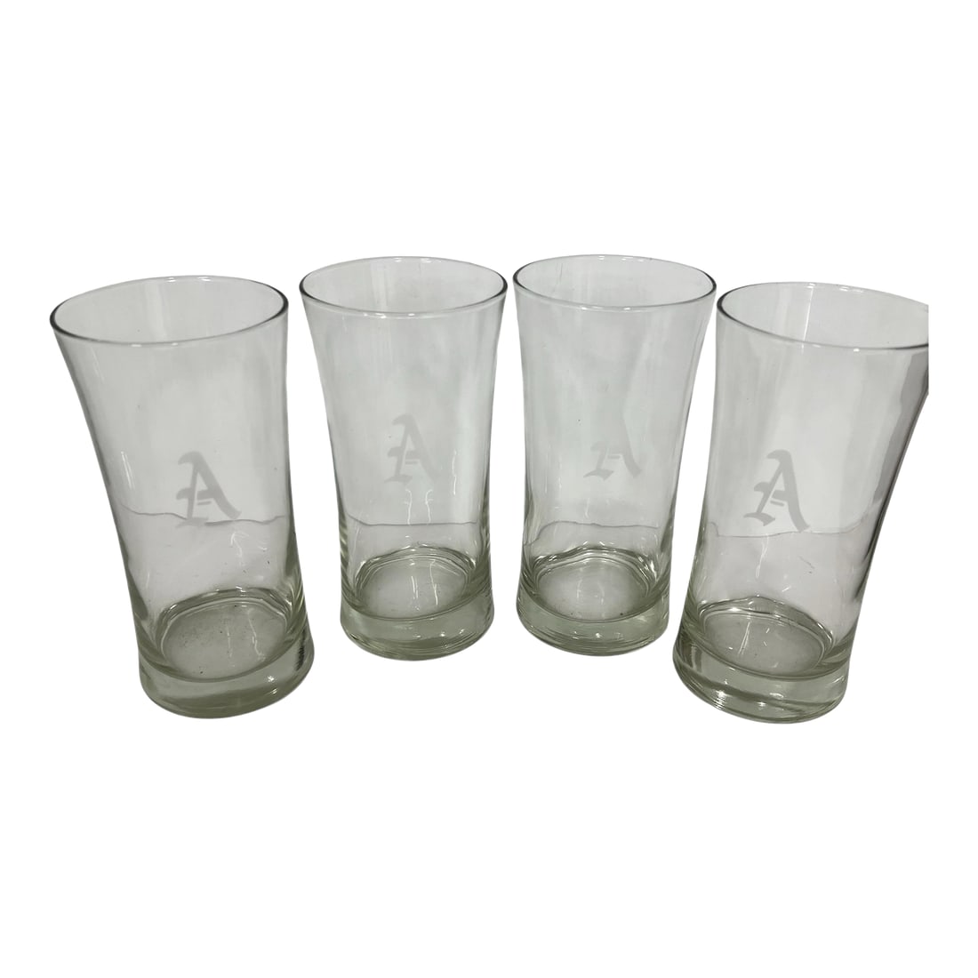 Vintage Mid Century Etched Monogrammed "A" Tea Glasses - Set of 4: Vintage mid century monogrammed etched "A" tea glasses. Glass is wavy and appears yo be blown. Each measures 3.25" diameter x 6.5" h. No cracks or chips. Condition: Alterations: Original Condition Una