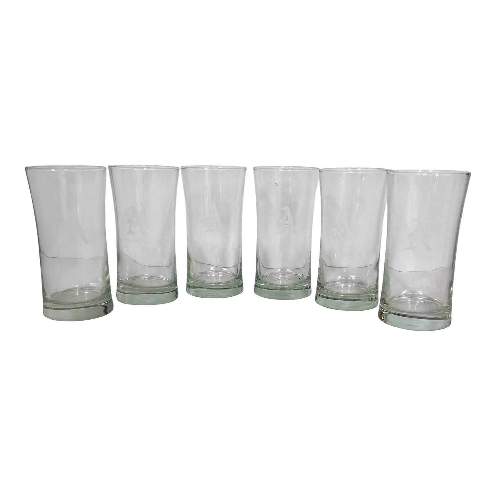 Vintage Mid Century Etched Monogrammed "A" Water Glasses - Set of 6: Set of six vintage etched monogrammed "A" water glasses. Glass is wavy and appears to be blown. Each measures 3" diameter x 6" h. No cracks or chips. Condition: Alterations: Original Condition