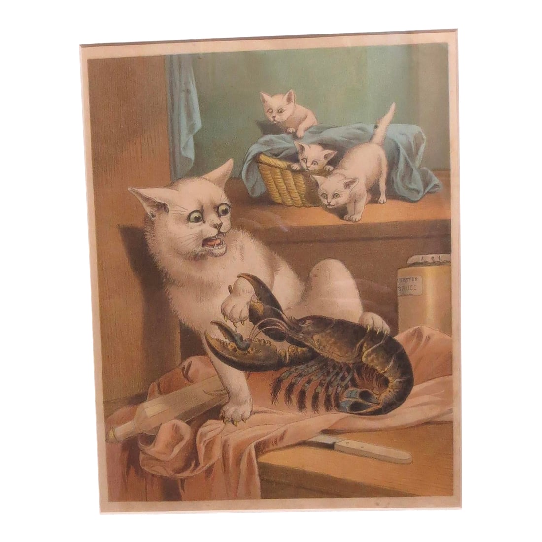 Meg and the Lobster Chromo-Litho Print English 1881: Meg and the Lobster Print (19th-century English School). 1881 England. Chromolithograph print titled "Meg and the Lobster." The artwork depicts a cat named Meg reacting with surprise to a live