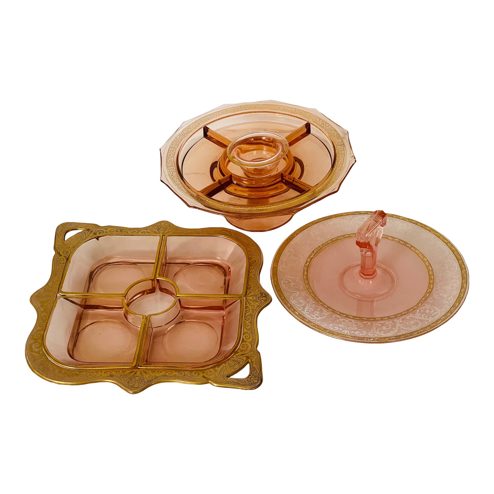 Gorgeous Antique Bohemian Pink Miser Glass Serving Dishes: 3 large Antique Bohemian pink glass with gold trim by Moser with 5 small serving dishes. Condition: Alterations: Original Condition Unaltered Imperfections: Some Imperfections Condition Notes: Good