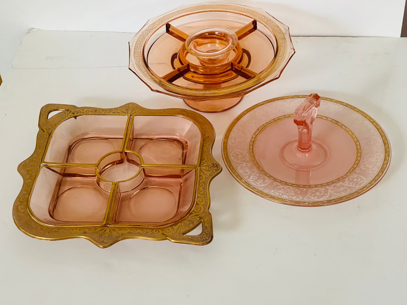 Gorgeous Antique Bohemian Pink Miser Glass Serving Dishes - 4