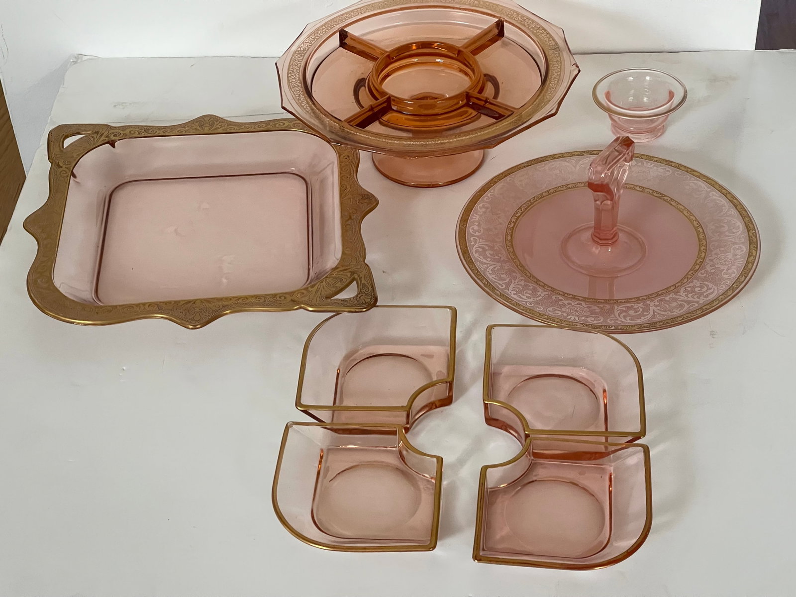 Gorgeous Antique Bohemian Pink Miser Glass Serving Dishes - 5