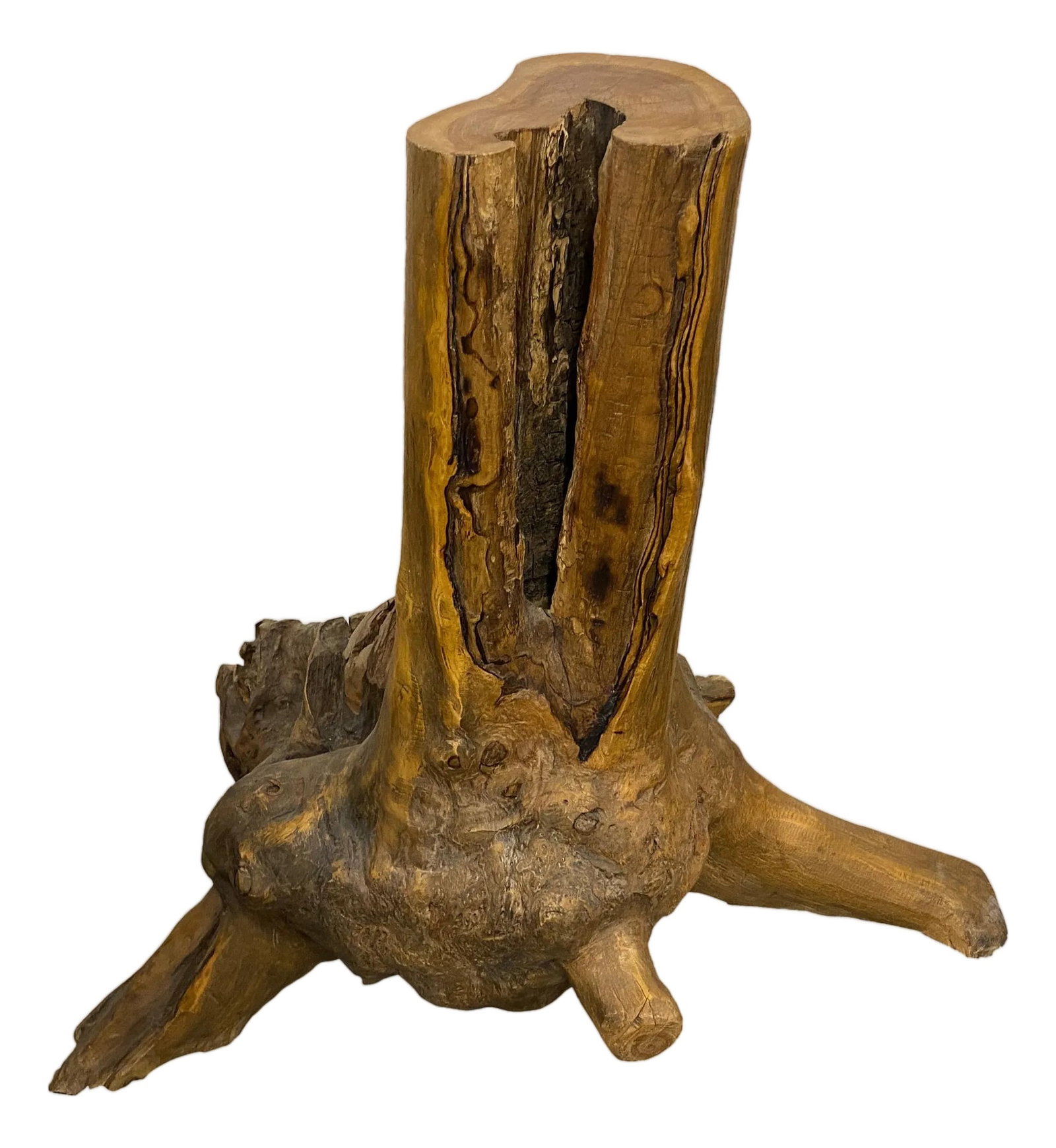 Andrianna Shamaris Organic Teak Wood Root Side Table: Sculptural reclaimed teak root, sanded and polished. Great with a Lucite or glass top or as a base for a dining table. This side table was sourced in the spirit of wabi-sabi, a Japanese philosophy