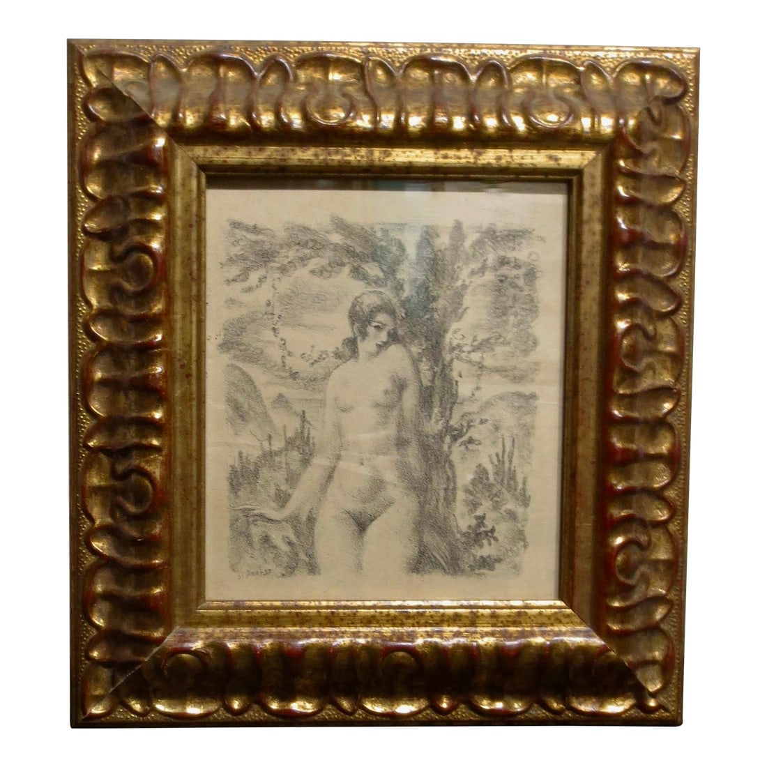 Art Deco Nude by Rudolf Urech Circa 1920s-30s Swiss: Circa 1920s-30s: A female nude in classic deco forms, standing in the midst of a garden and hills. Signed in the image in the lower left corner. Lovely and demure lady in a crayon litho print. The sig