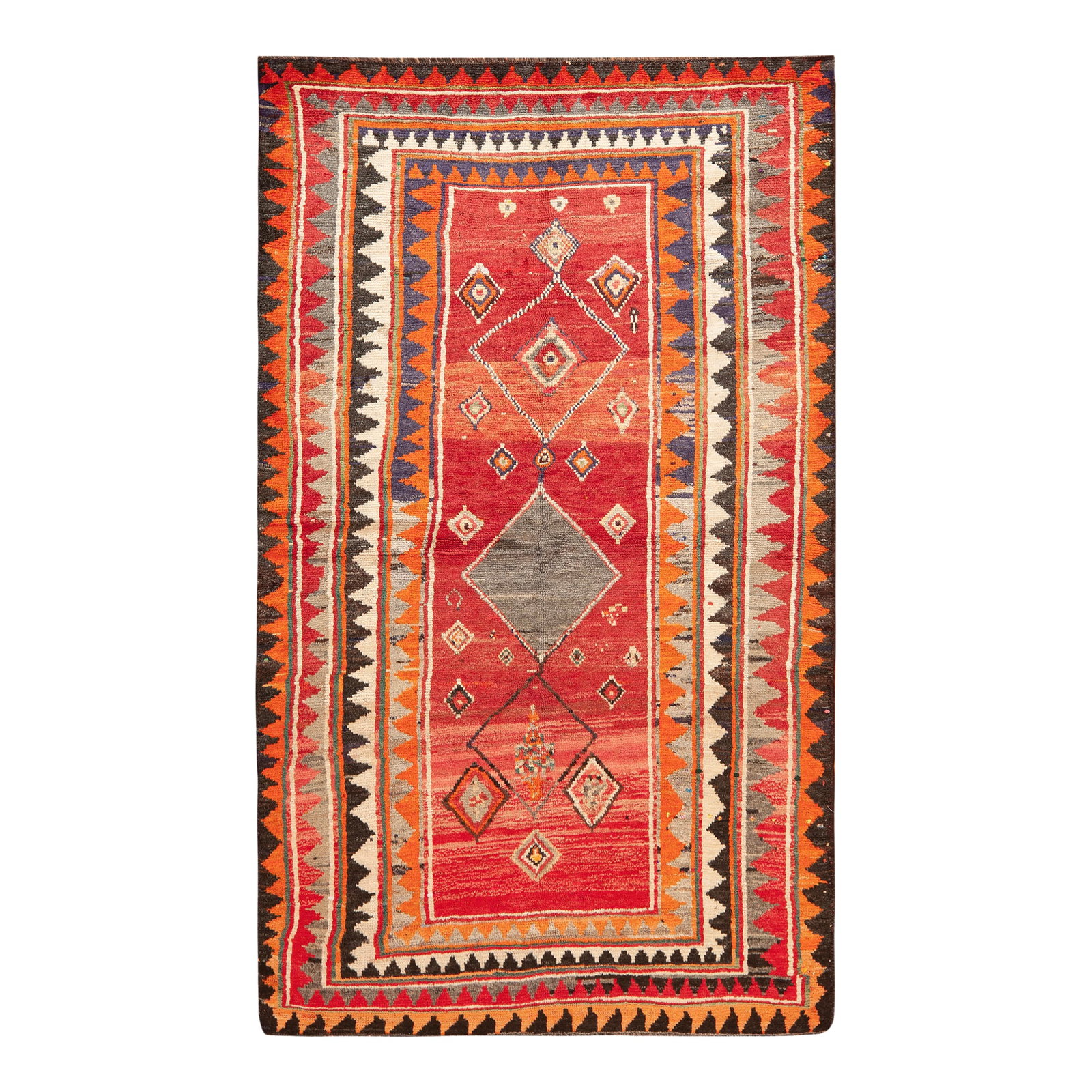 Nazmiyal Collection Vintage Persian Gabbeh Rug: Stunning Red Vintage Persian Gabbeh Geometric Rug, Country of Origin: Persia, Circa Date: Vintage Condition: Alterations: Original Condition Unaltered Imperfections: Some Imperfections Condition Notes