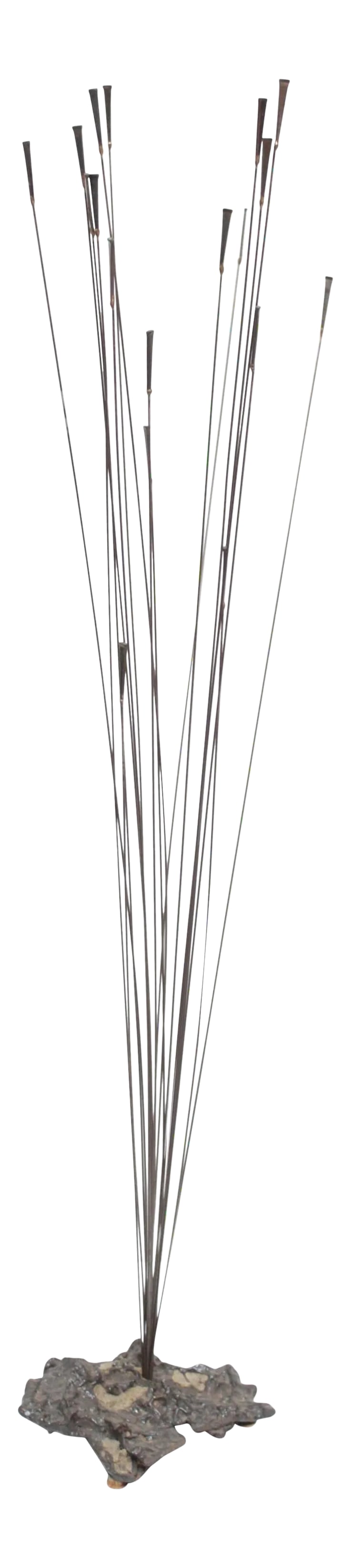 William Bowie Kinetic Sculpture: 1960s Bowie Brutalist work composed of patinated steel rods and braze welded masonry nails with gilt decoration which fan out to create a free-form / moving sculpture. The cluster of rods is housed in