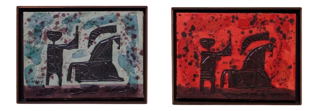 Set of Two 1960s 'Trojan' Impasto Oil on Canvas Paintings by Luzon - A Pair: Set of two 1960s oil paintings by Luzon (San Francisco, CA, USA), showcasing the impasto technique with which he is commonly associated. Features a Trojan warrior and horse, both recurring subjects