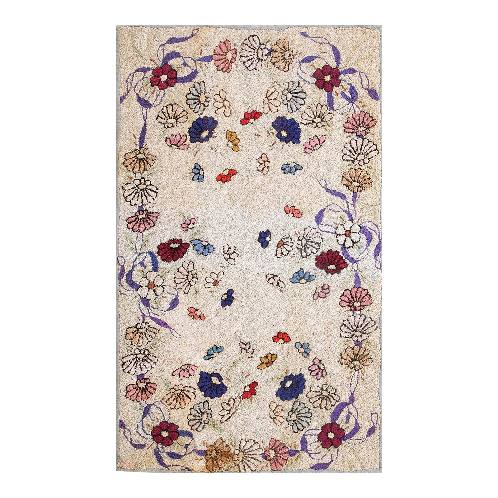 1930s Multicolor Floral Folk Art Antique American Hooked Rug 2'5" X 4'1" Handknotted Wool Carpet: Antique American hooked rug, size: 2'5" x 4'1". Wool 1930s Hooked American Antique Ivory Small Scatter Size Rug, Circa Date: 1930s. This charming example of an American hooked rug showcases the domest