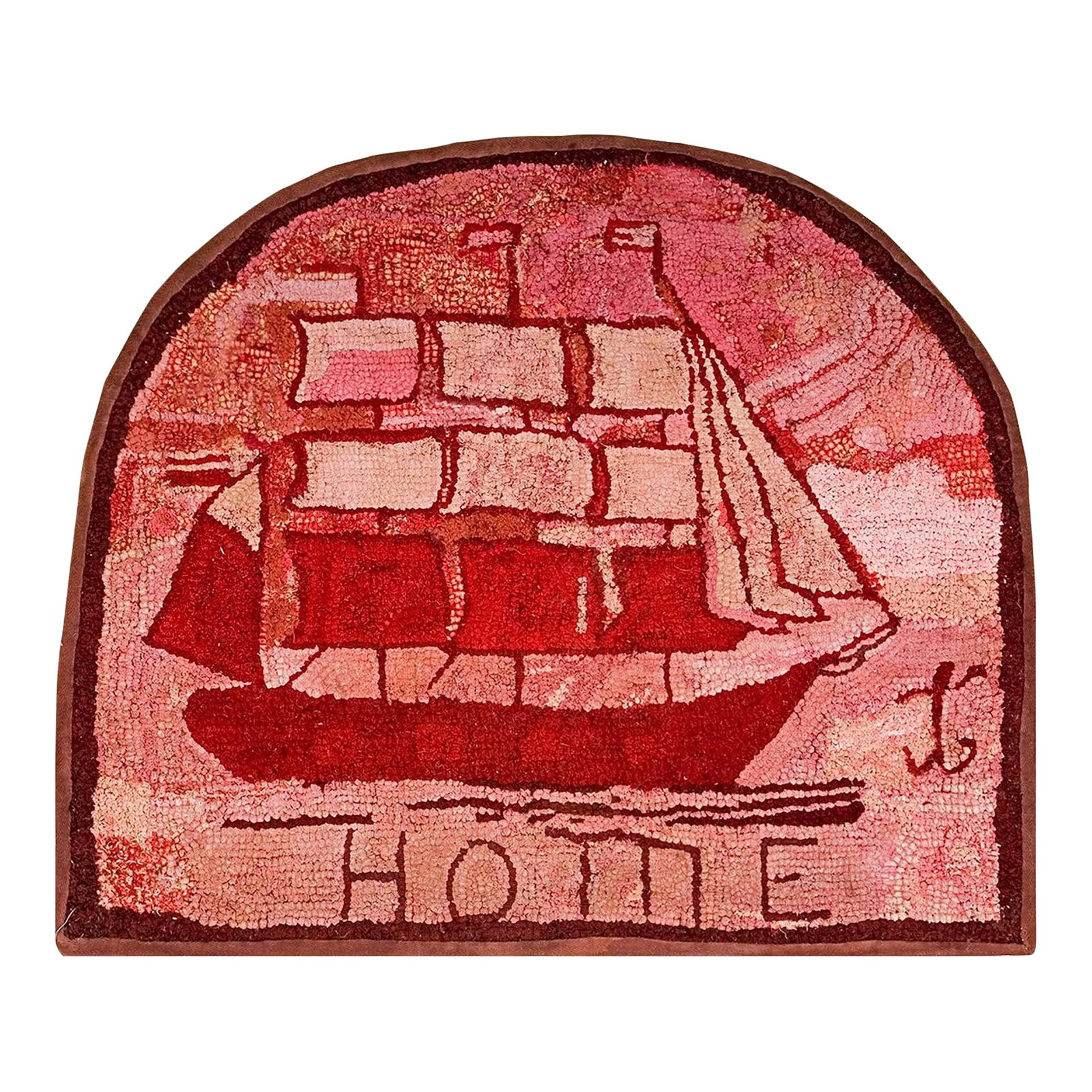 1890s Red Rose Nautical Scene Antique American Hooked Rug 2'3" X 2'8" Handknotted Wool Carpet (1 of 5)