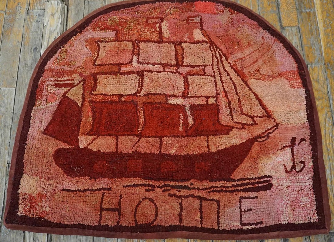 1890s Red Rose Nautical Scene Antique American Hooked Rug 2'3" X 2'8" Handknotted Wool Carpet - 2