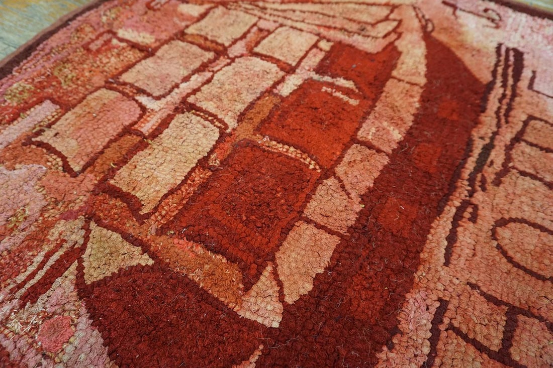 1890s Red Rose Nautical Scene Antique American Hooked Rug 2'3" X 2'8" Handknotted Wool Carpet - 3