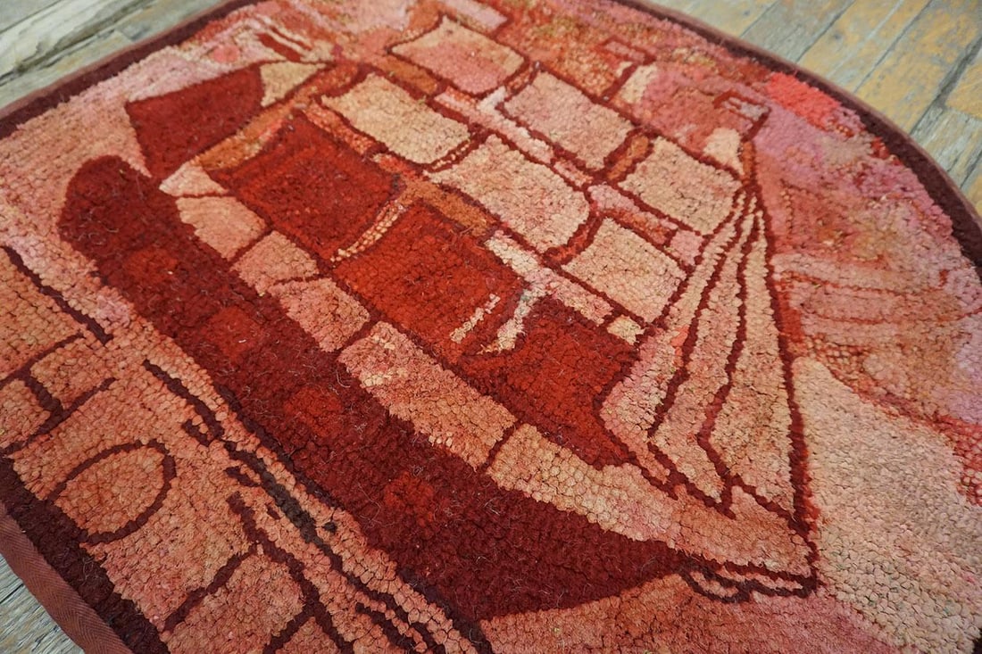1890s Red Rose Nautical Scene Antique American Hooked Rug 2'3" X 2'8" Handknotted Wool Carpet - 4