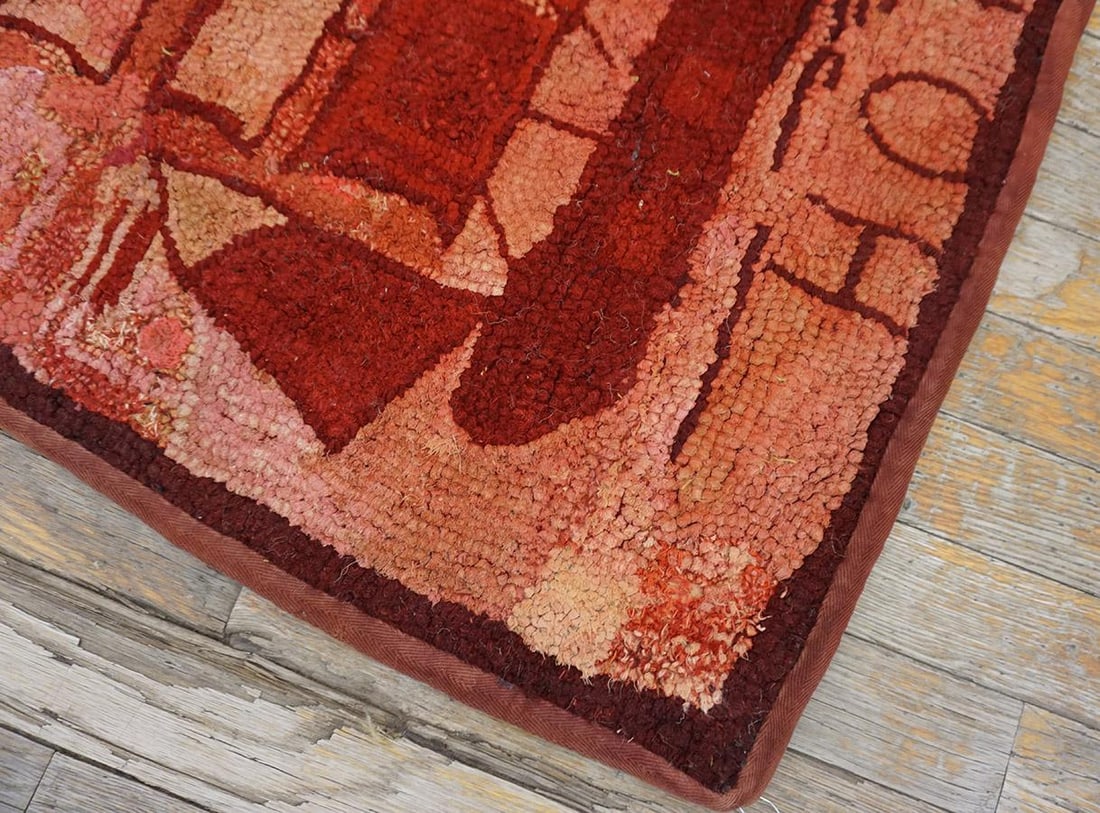 1890s Red Rose Nautical Scene Antique American Hooked Rug 2'3" X 2'8" Handknotted Wool Carpet - 5