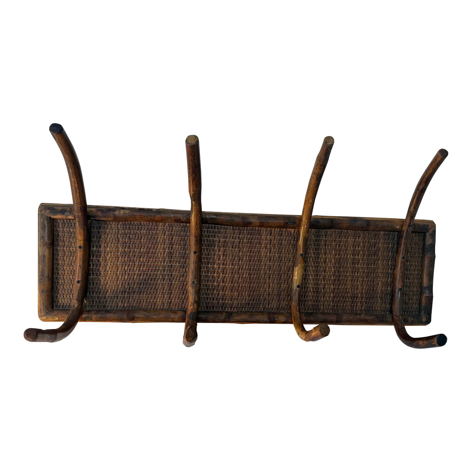 French Vintage Four Hook Rattan Hatrack/Coatrack: A gorgeous piece in excellent condition, this vintage French rattan coatrack has four large hooks to hold your warmest winter items or sandiest beach towels. Elegant and utilitarian, this hatrack with