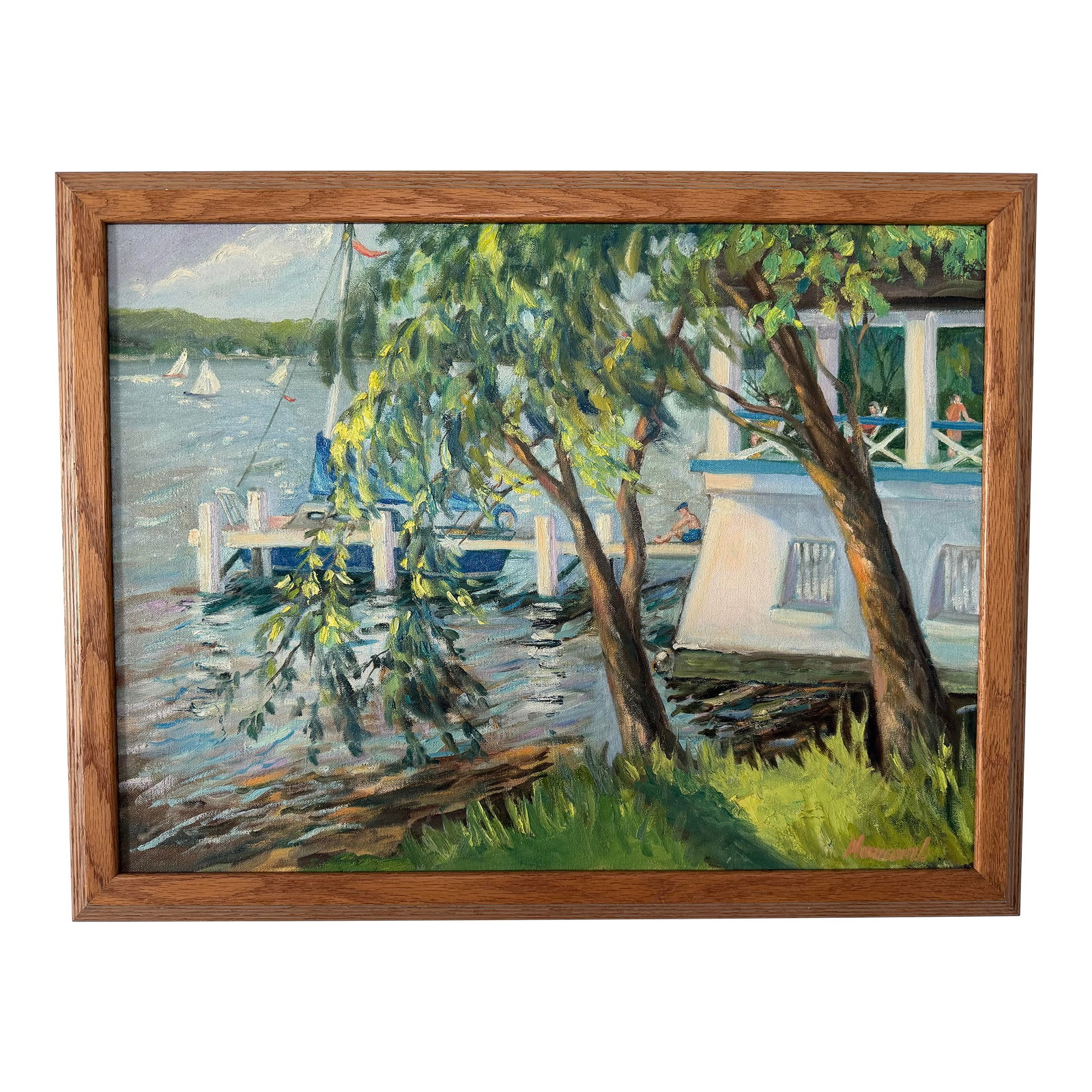 Nancy Newcomb Watercolor Painting, "The Boathouse at Geneva Bay" 1992: A mesmerizing portrait of lake life, this watercolor truly sparkles and brings the viewer into the scene. Grab a cool beverage, sit back, and enjoy Newcomb's portrayal of Lake Geneva. Nancy Newcomb,
