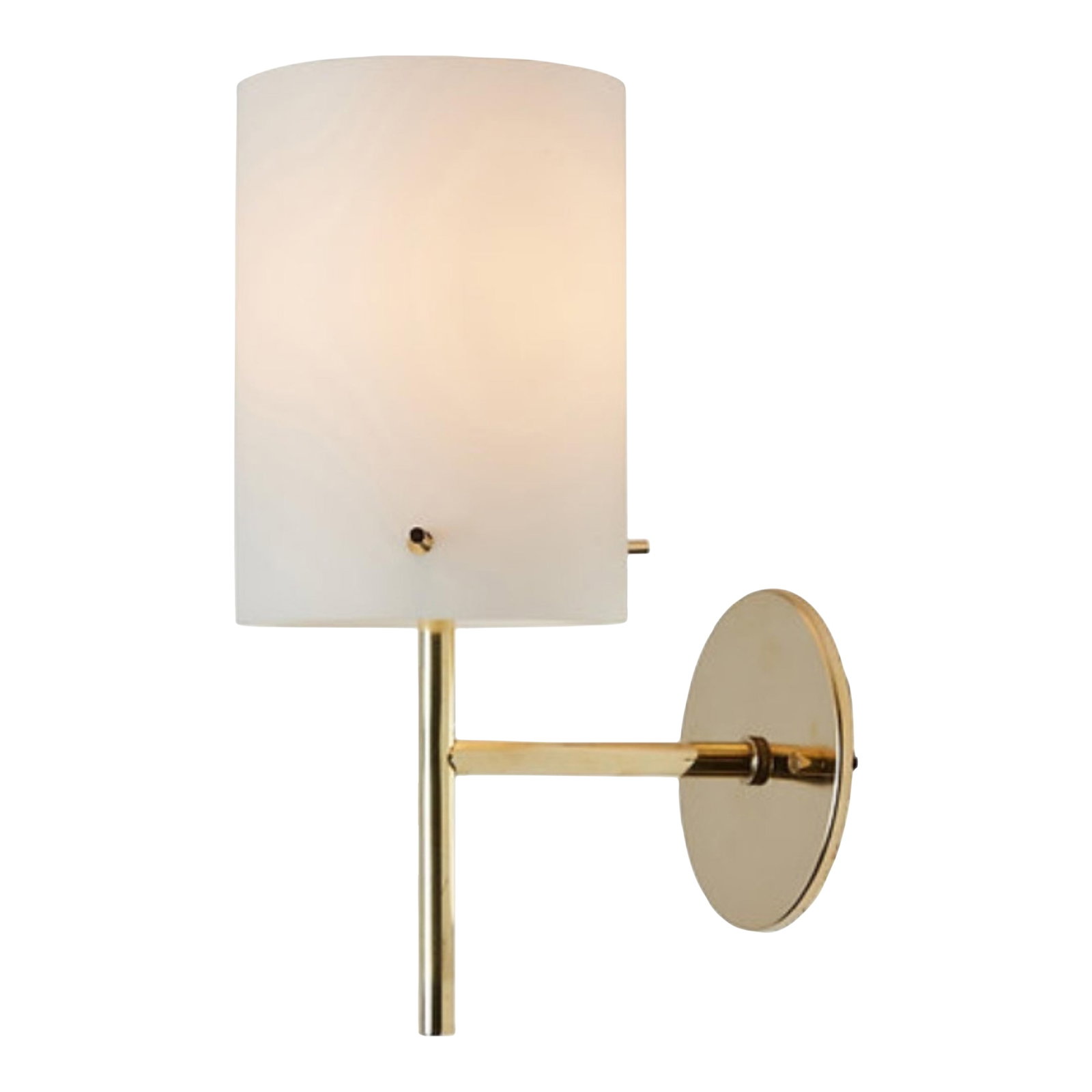 1950s Tito Agnoli Brass & Glass Cylindrical Wall Lamp for O-Luce: 1950s Tito Agnoli brass & glass cylindrical wall lamp for O-Luce. Executed in opaline glass and patinated brass. An incredibly clean and refined design by one of the greatest Italian lighting icons