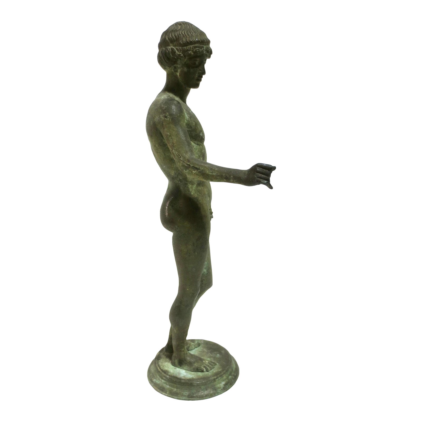 Grand Tour Bronze of Ephebe: Grand Tour Bronze of Ephebe. A known copy from the Museum of Archaeology in Naples. Figure of youth as a lamp bearer, dark green verdigris patina. size 10.5" tall, 3 1/4" diameter of base. Italian