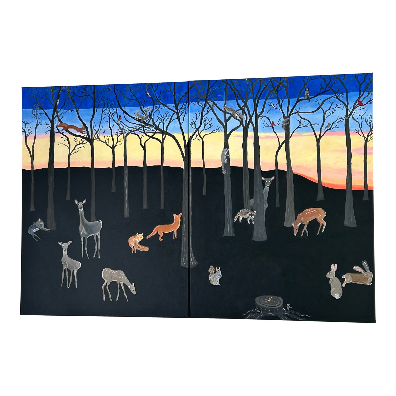 Very Large Framed Diptych Painting Titled Dawn: Very large magical original painting on two side by side canvases/ diptych where the subject matter is the dawn hours at sunrise in the woods, and all the wondrous creatures in the forest. Details Cre