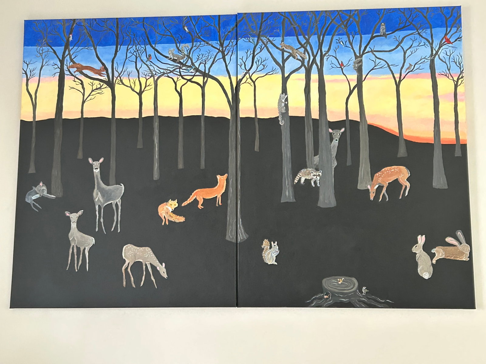 Very Large Framed Diptych Painting Titled Dawn - 2