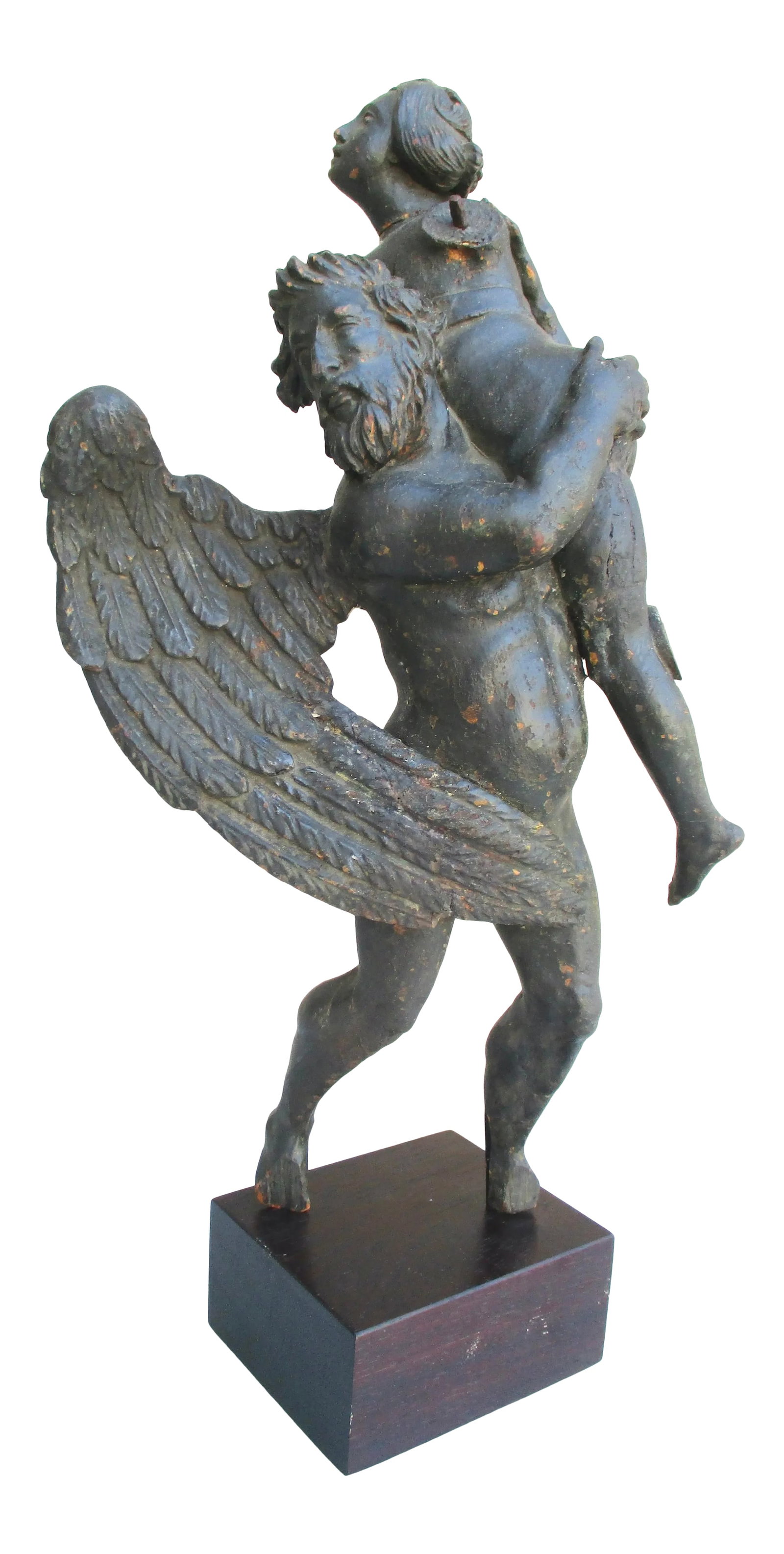 Antique Wood Carving of Lydia and the Swan 17th Century: Wood carved fragment of 17th century Lydia and the Swan myth. Zeus has shifted form to sweep up the swooning Lydia. created in a northern European folk art form. Now mounted as remains on a