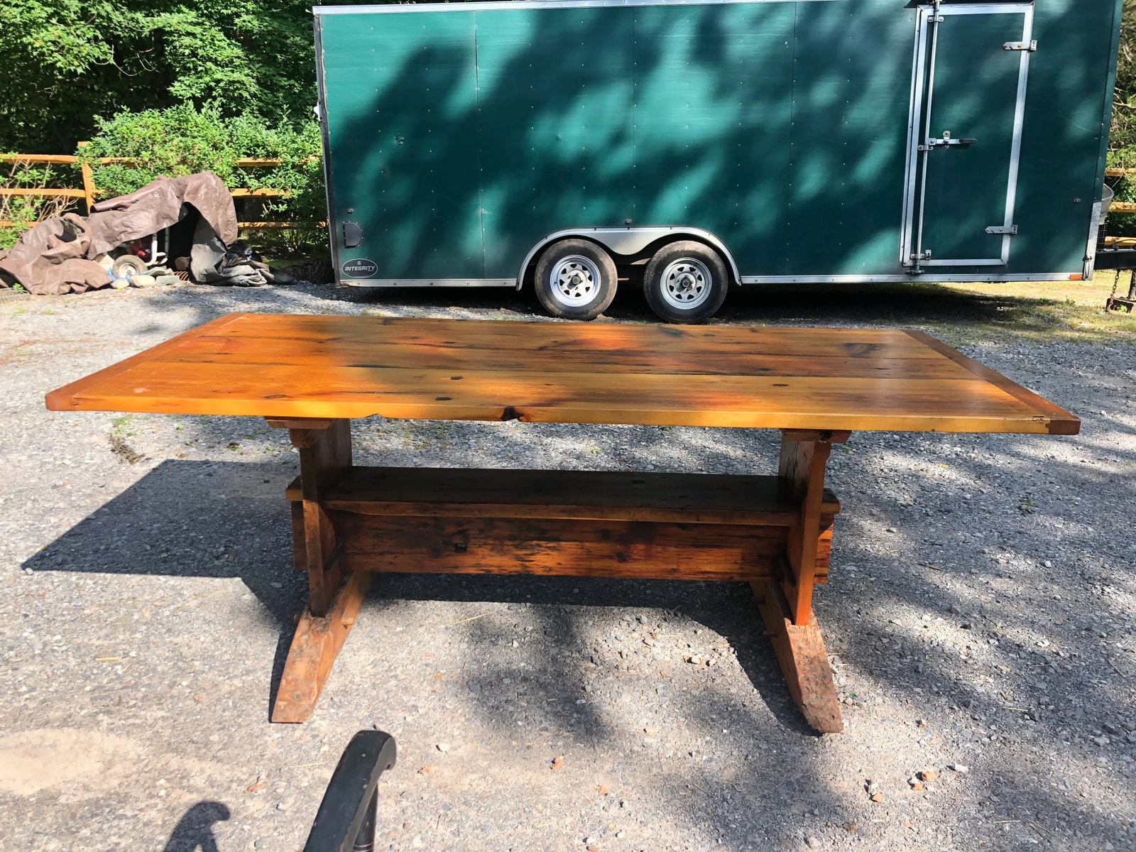 Large Rustic Pine Farm Table With Hand Hewn Base - 13