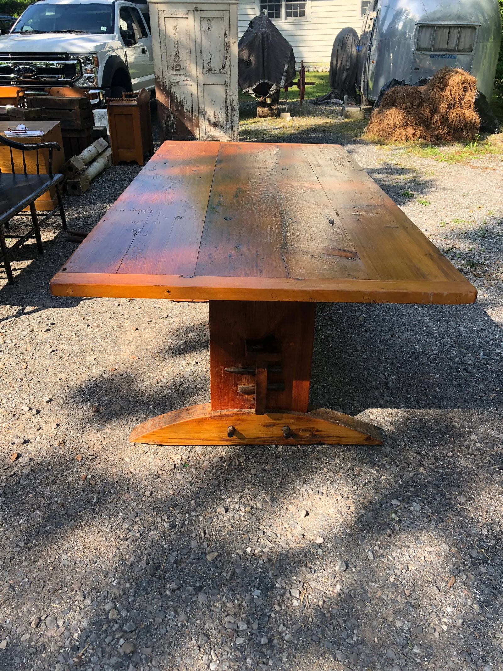 Large Rustic Pine Farm Table With Hand Hewn Base - 2