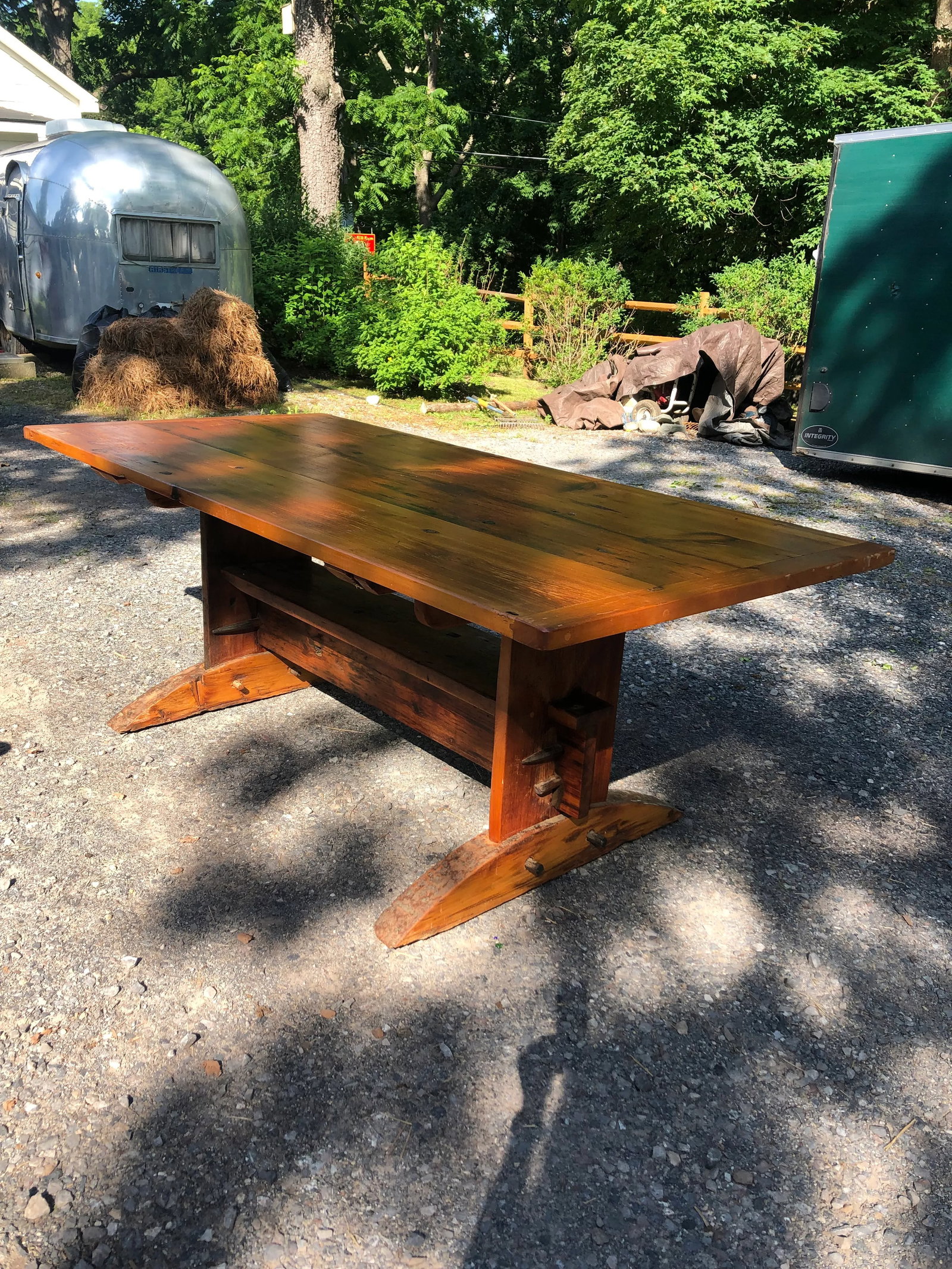 Large Rustic Pine Farm Table With Hand Hewn Base - 4