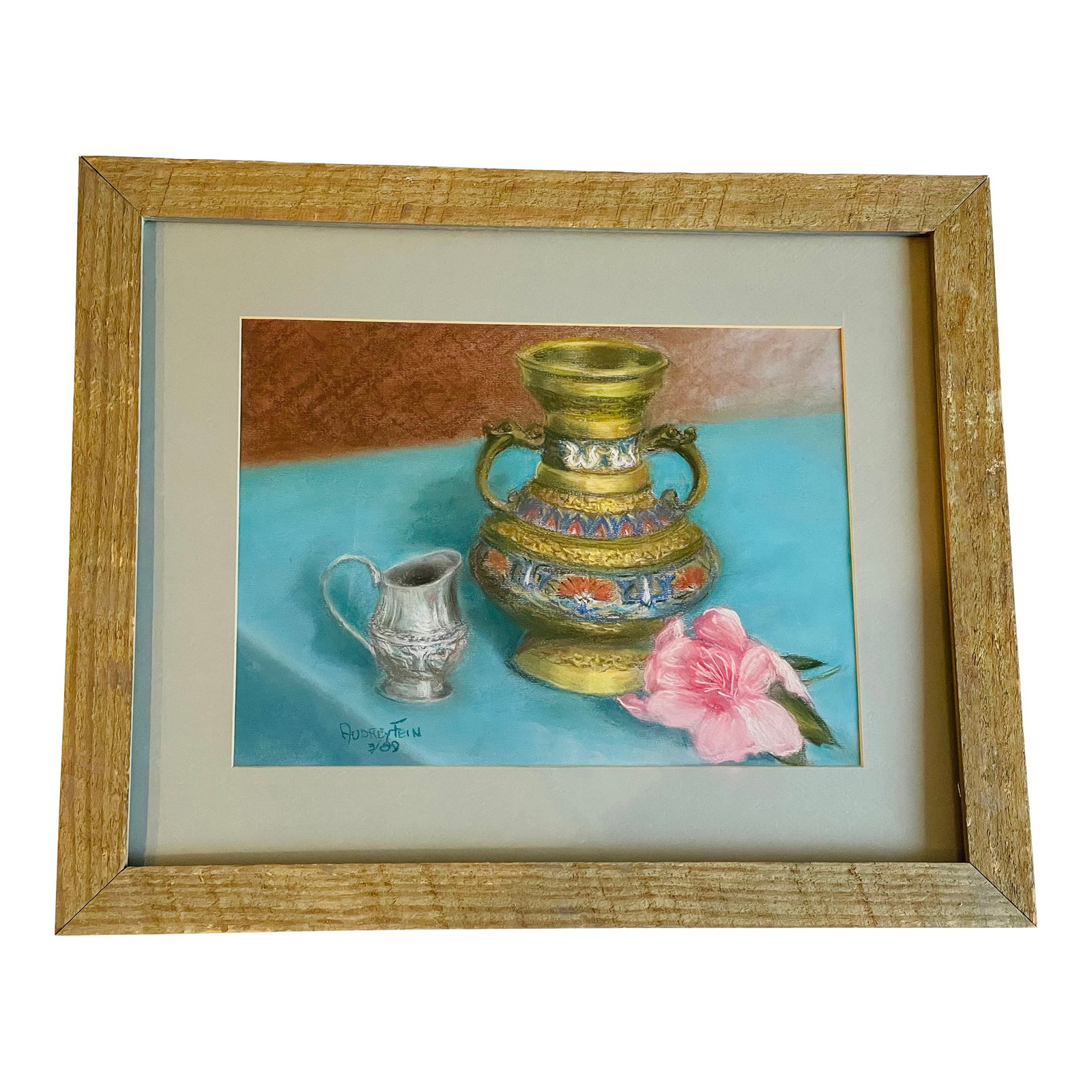 1980s Mixed Media Still Life on Blue Table Signed: Beautiful painting of still life with a ceramic jar, silver creamer and pink flower over blue tablecloth, signed Audrey Fein 89. Made in pastel, chalk on paper. Rendering different textural materials