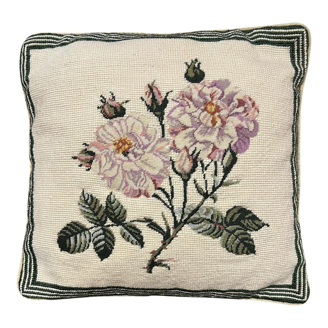Vintage Floral Needlepoint Petite Point Pillow: Vintage needlepoint petite point floral decorative pillow. The design features a needlepoint background in ivory with a petite point design of roses in lavender and pinks surrounded in a green stripe