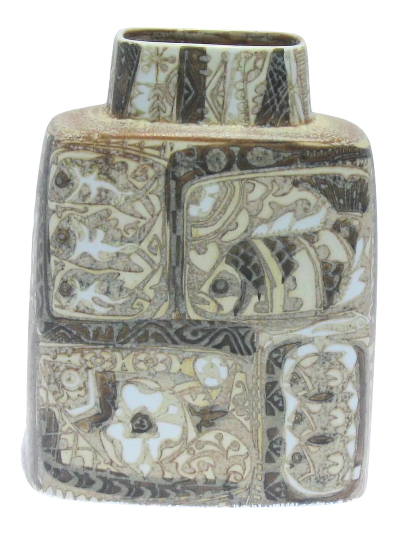 Baca Vase Royal Copenhagen Vintage 1960s': Baca vase from Royal Copenhagen, designer Nils Thorssen. Danish modern design of fish, flowers, and geometric grids in earth tones and beige colors. The size is 7.6" by 5.8",and 3.5" thick. Signed to