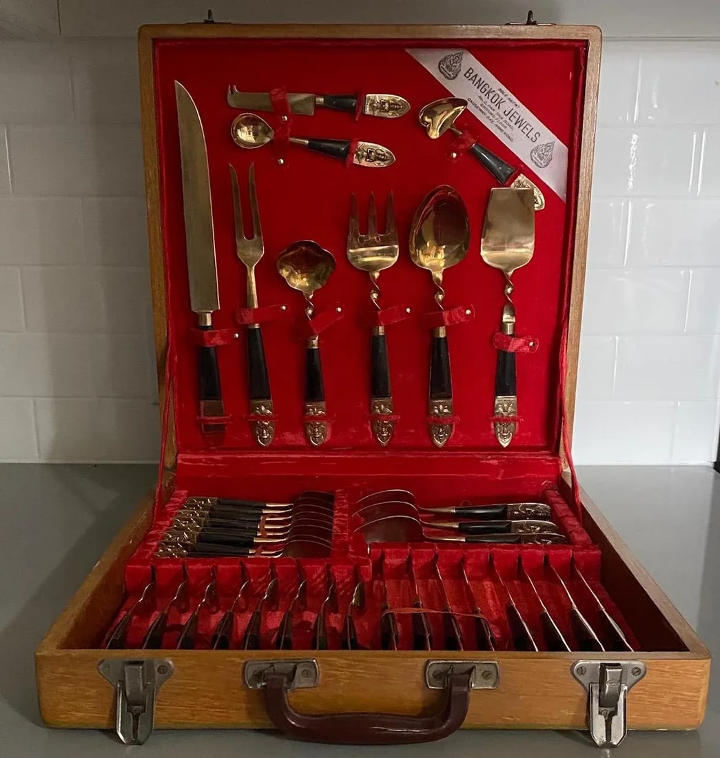 Vintage James Thailand Buddha Bronze Brass Flatware Set- 36 Pieces - 12