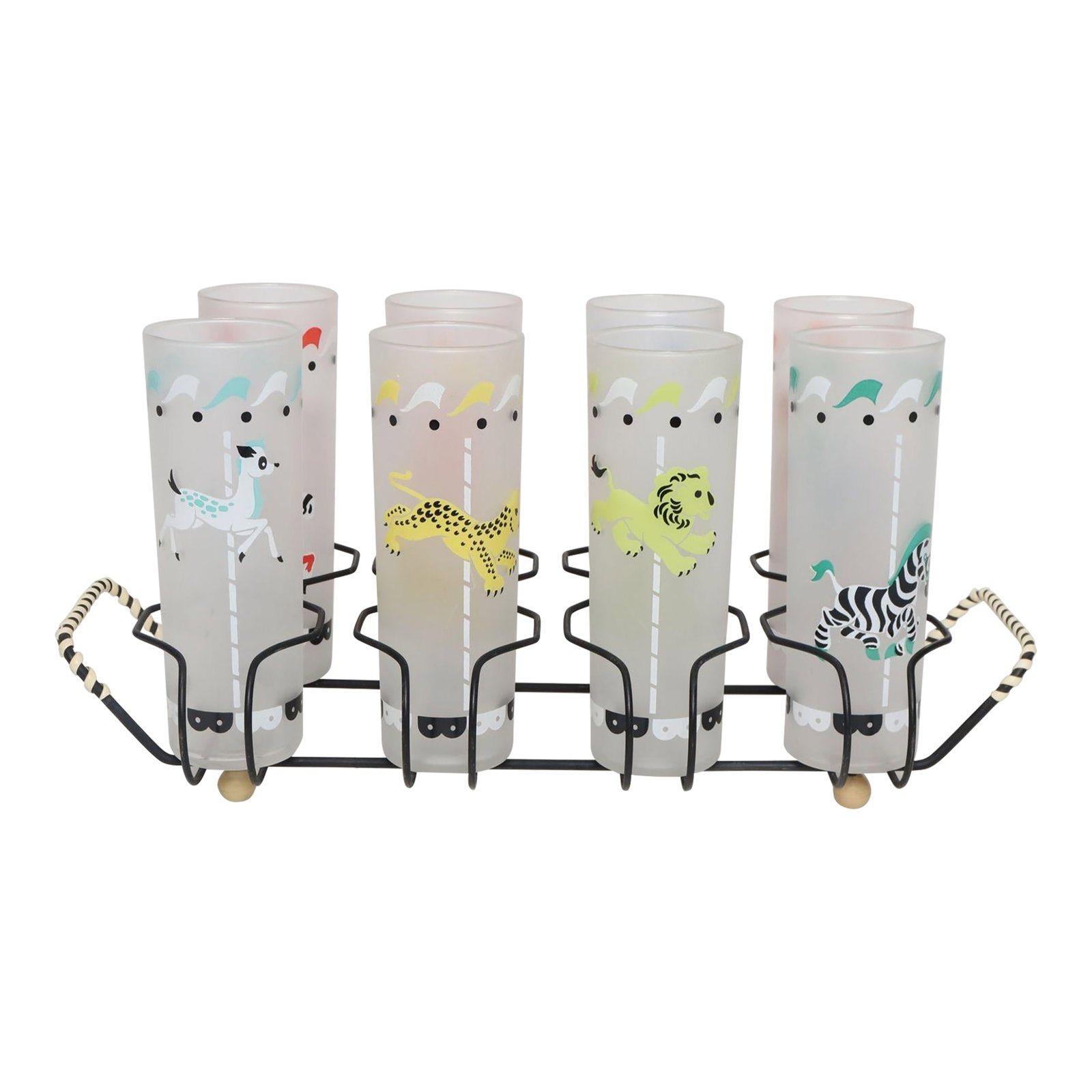 Set of Eight Vintage Frosted Glasses With Animal Carousel Motif by Libbey With Carrier (1 of 18)