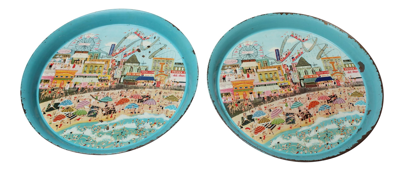 1955 Pepsi Cola Coney Island Boardwalk Tin Litho Trays- a Pair: Pair of ca. 1955 Pepsi Cola tin litho advertising trays in attractive turquoise enamel depicting the exuberant Coney Island Boardwalk, highlighting the Cyclone and Wonder Wheel, the two most