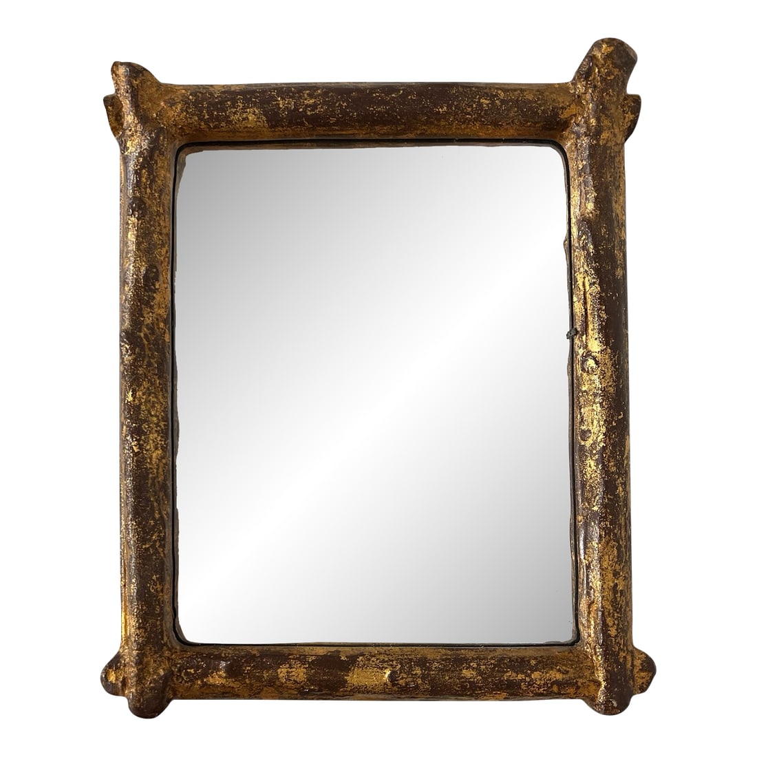 Vintage Giltwood Faux Bois Wall Mirror: Vintage giltwood faux bois wall mirror. Florentine style. Gold finish has weathered look with red showing through. Measures 12" x 10" x 1.5" h. Glass measures 9.5" x 7.5". Use zoom feature in pictures