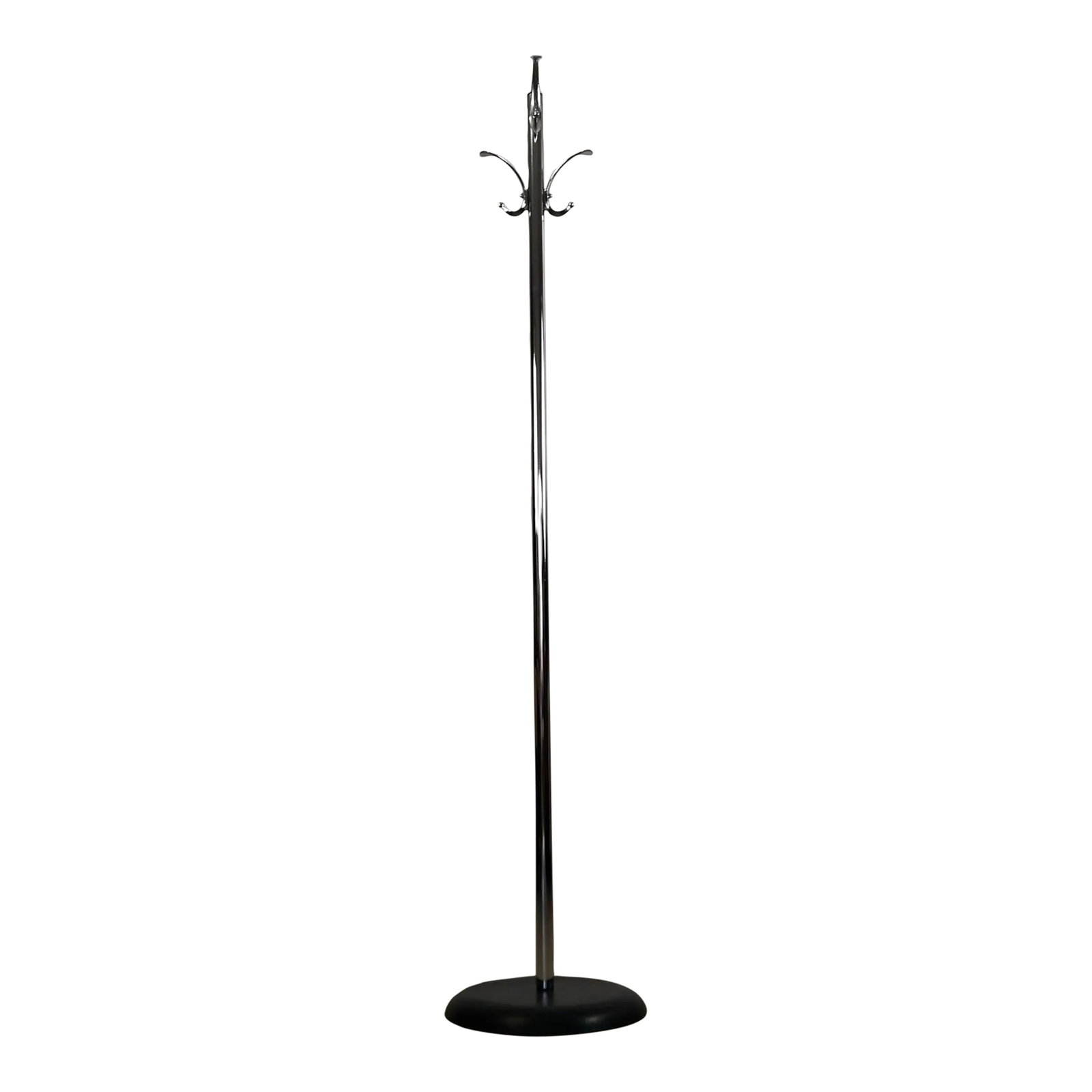 1970's Mid-Century Modern Chrome Coat Rack: Vintage 1970's Mid century Modern coat rack for sale. It's made of chrome with a black metal base, and is in excellent condition. It has several hooks, and has a great Art Deco design. The black base
