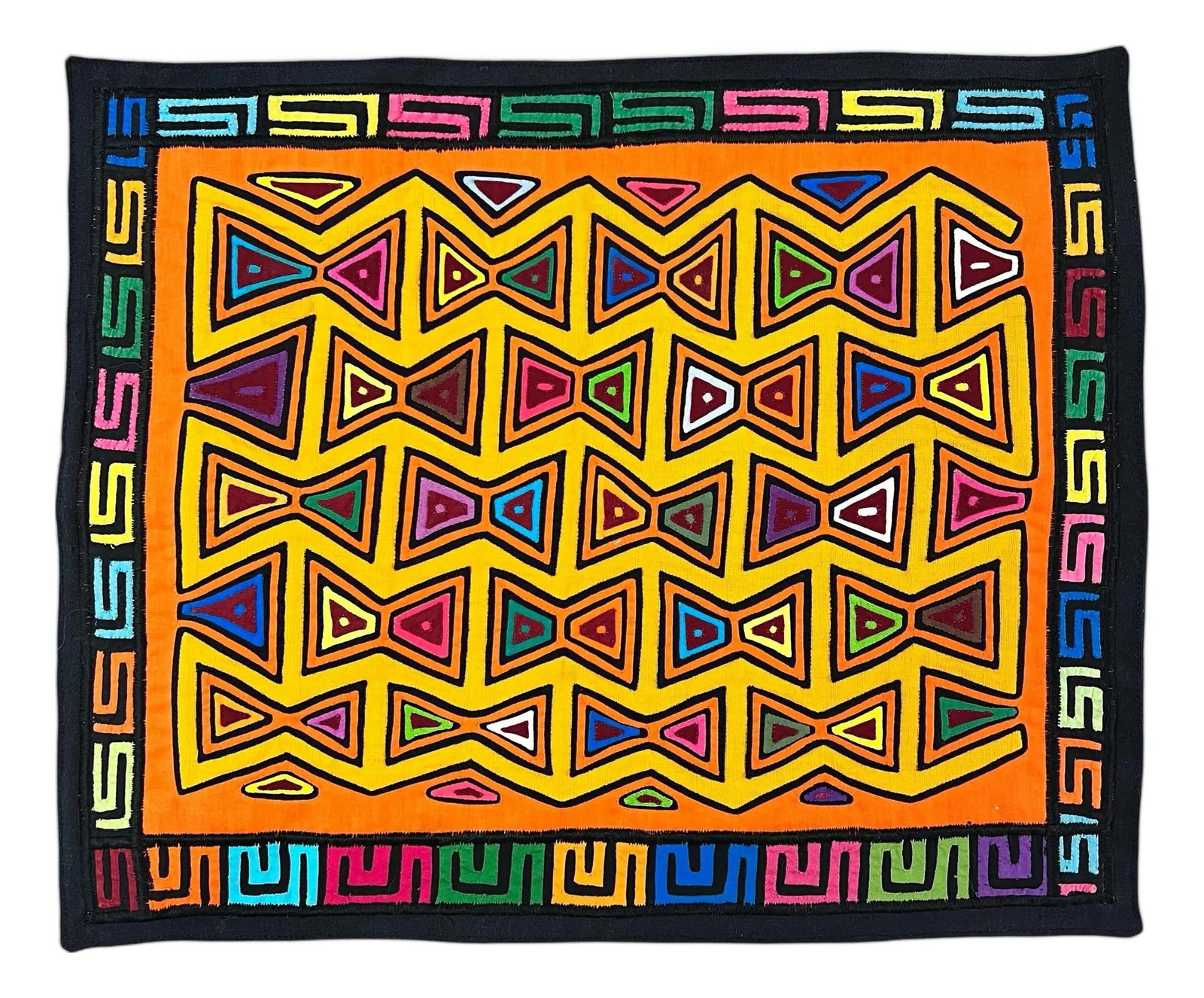 Handmade Anne Wenzel, Panama, Styled Geometric Decorative Pillow Cover: Vintage Ann Wenzel styled block print pillow cover. Modern geometric design in hot pink, green, yellow, blue and purple on a black background. All handmade. Measures 17.5" x 14.5" x .25 Condition: Alt