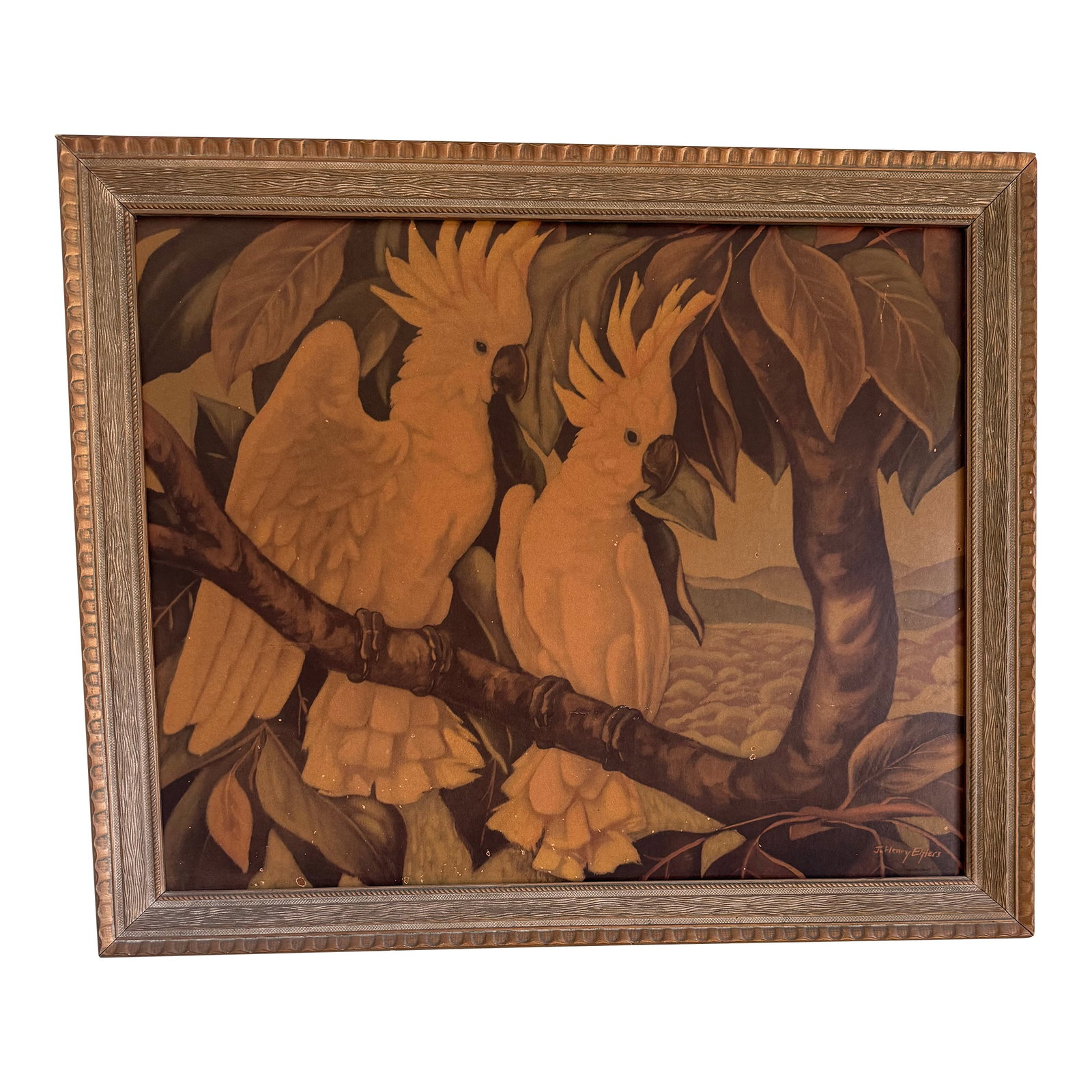 Vintage Cockatoo Print in Carved Frame: A striking vintage tropical bird print titled "Aristocrats" by J. Harry Eyters, depicting two white cockatoos perched on a branch beneath lush foliage with a distant landscape beyond. The artwork is r
