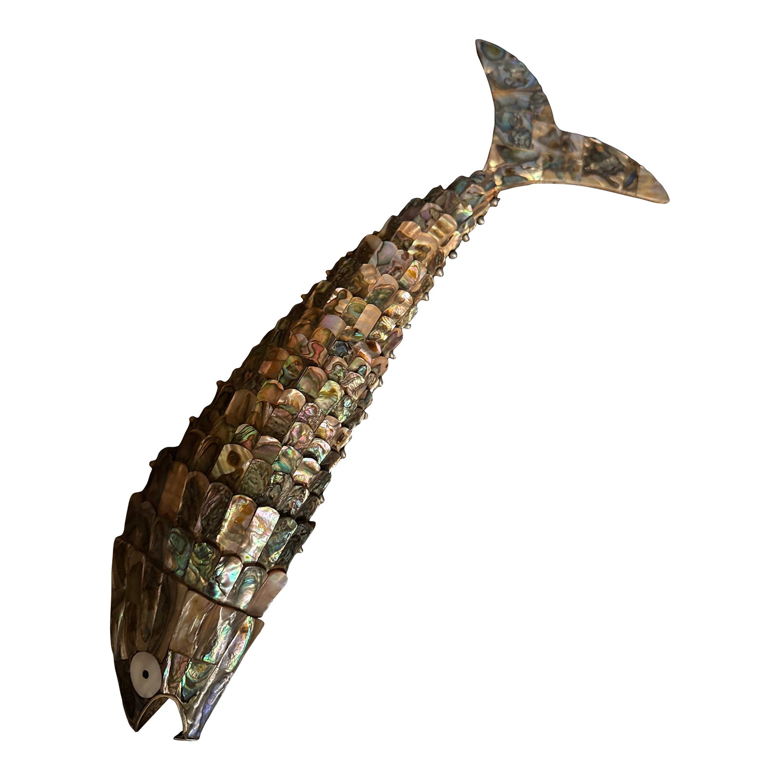 Vintage Mexican Abalone Shell Fish Bottle Opener Sculpture: Large Size sculptural fish bottle opener crafted of Abalone shell and silver often attributed to Los Castillo. Perfect on your bar or bar cart for a great conversation piece. It articulates, meaning e