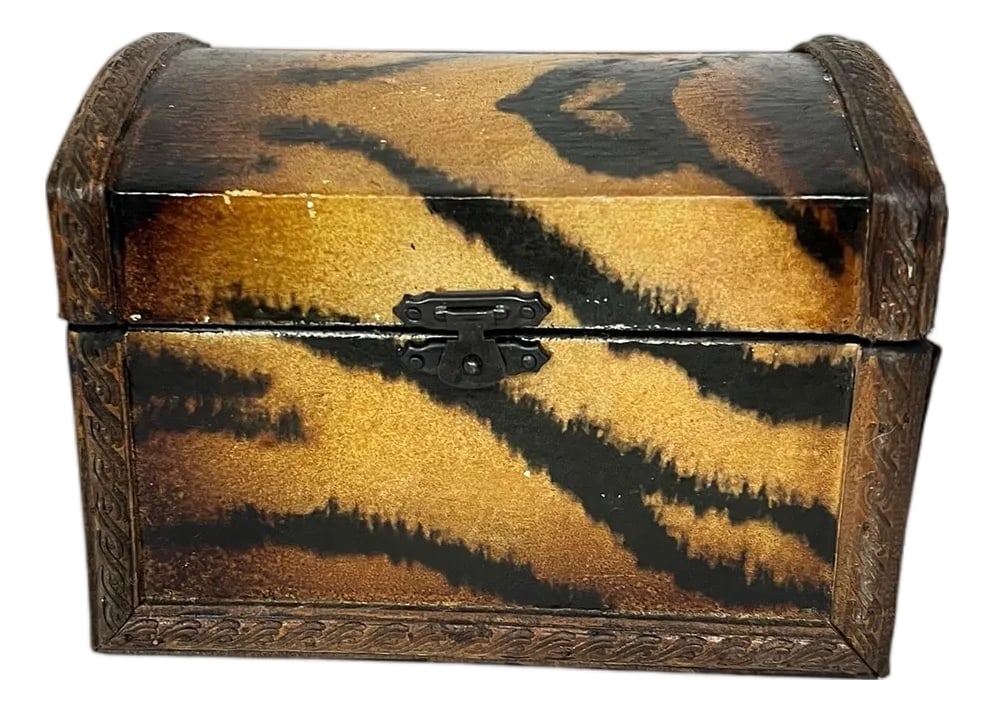 Vintage Hand Painted Animal Tiger Print Dome Top Decorative Box: Vintage animal tiger hand painted domed top box. Great for hiding small clutter on table or desktop for paperclips, stamps, etc. Lined in black velvet. Measures 6" w x 4" d x 4.35" h. Inside measures